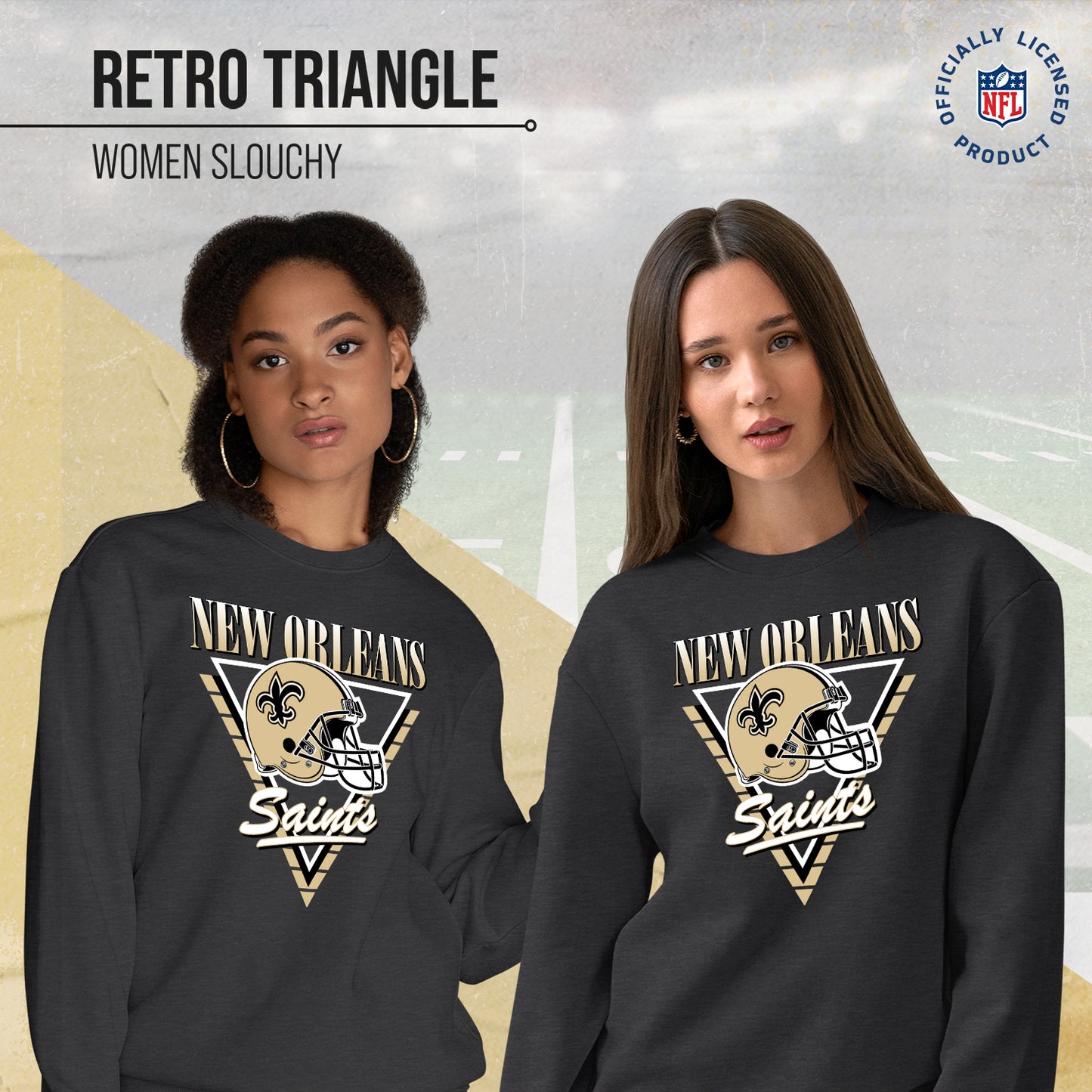New Orleans Saints NFL Womens Retro Triangle Slouchy Crewneck - Heather Charcoal