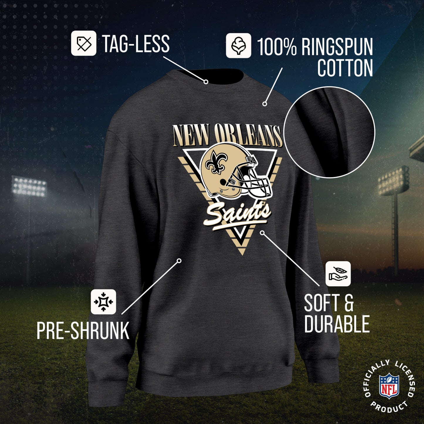 New Orleans Saints NFL Womens Retro Triangle Slouchy Crewneck - Heather Charcoal
