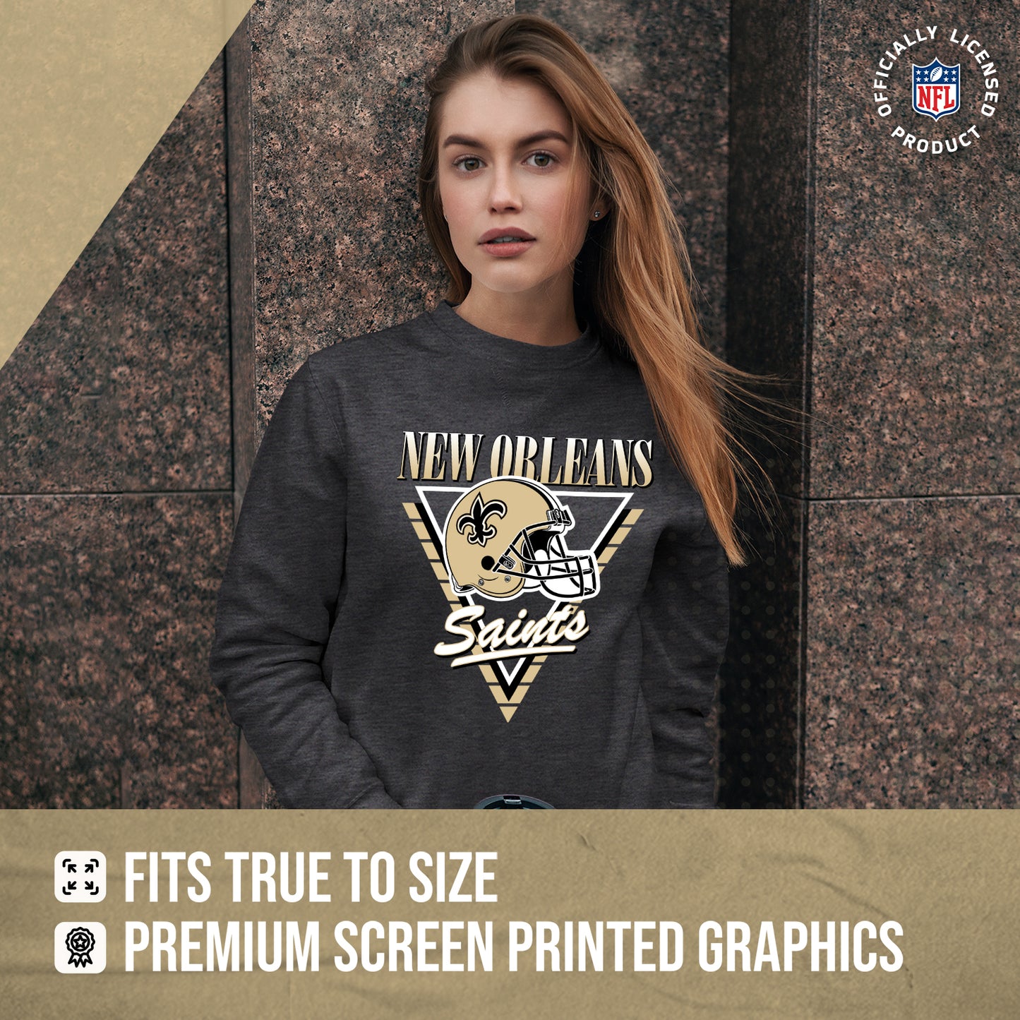 New Orleans Saints NFL Womens Retro Triangle Slouchy Crewneck - Heather Charcoal