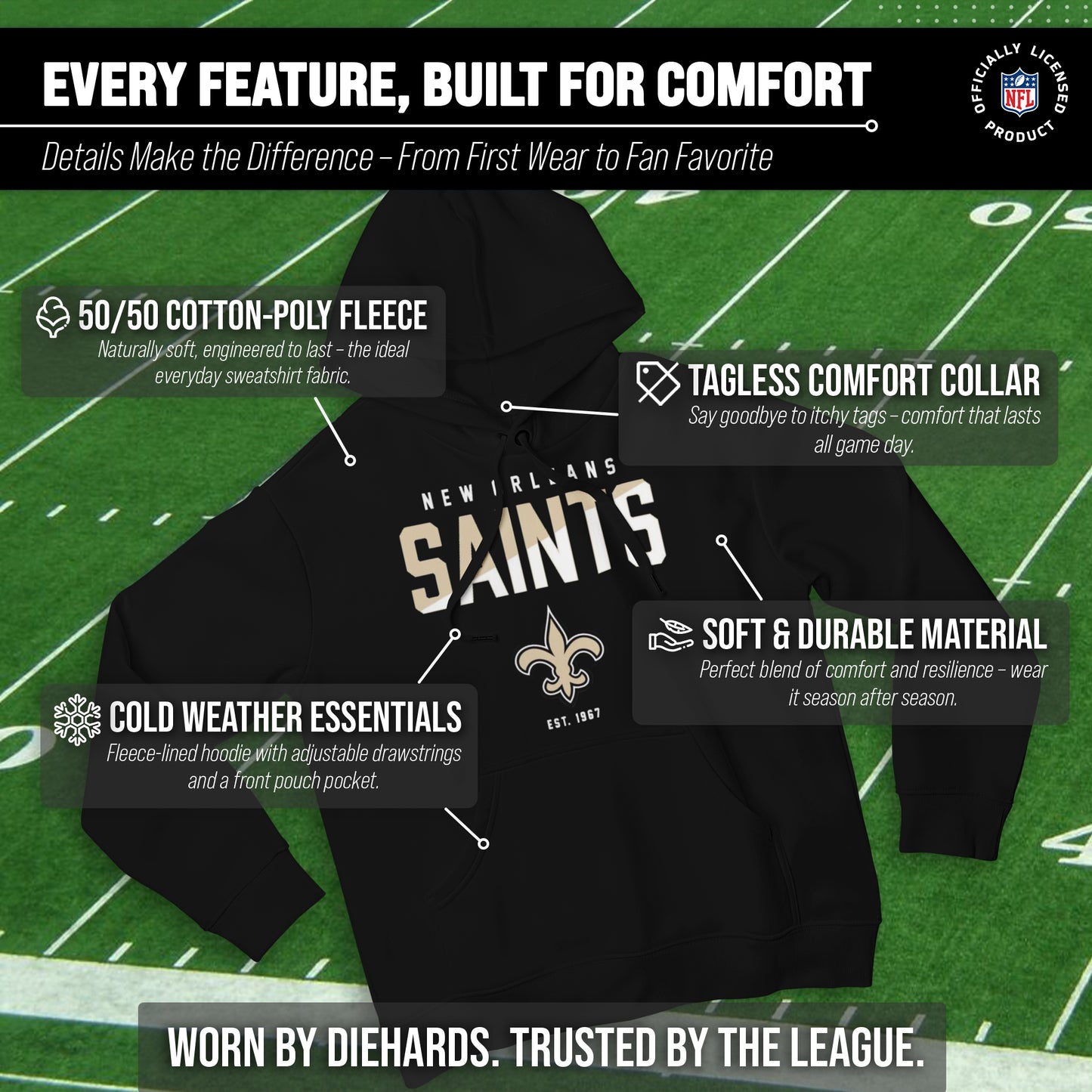 New Orleans Saints Adult NFL Diagonal Fade Fleece Hooded Sweatshirt - Black
