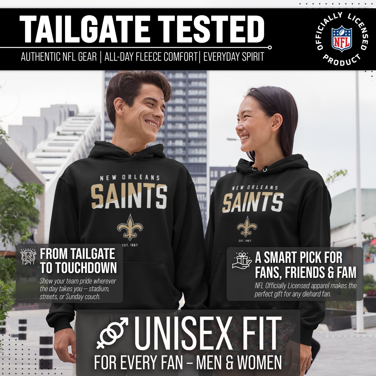 New Orleans Saints Adult NFL Diagonal Fade Fleece Hooded Sweatshirt - Black