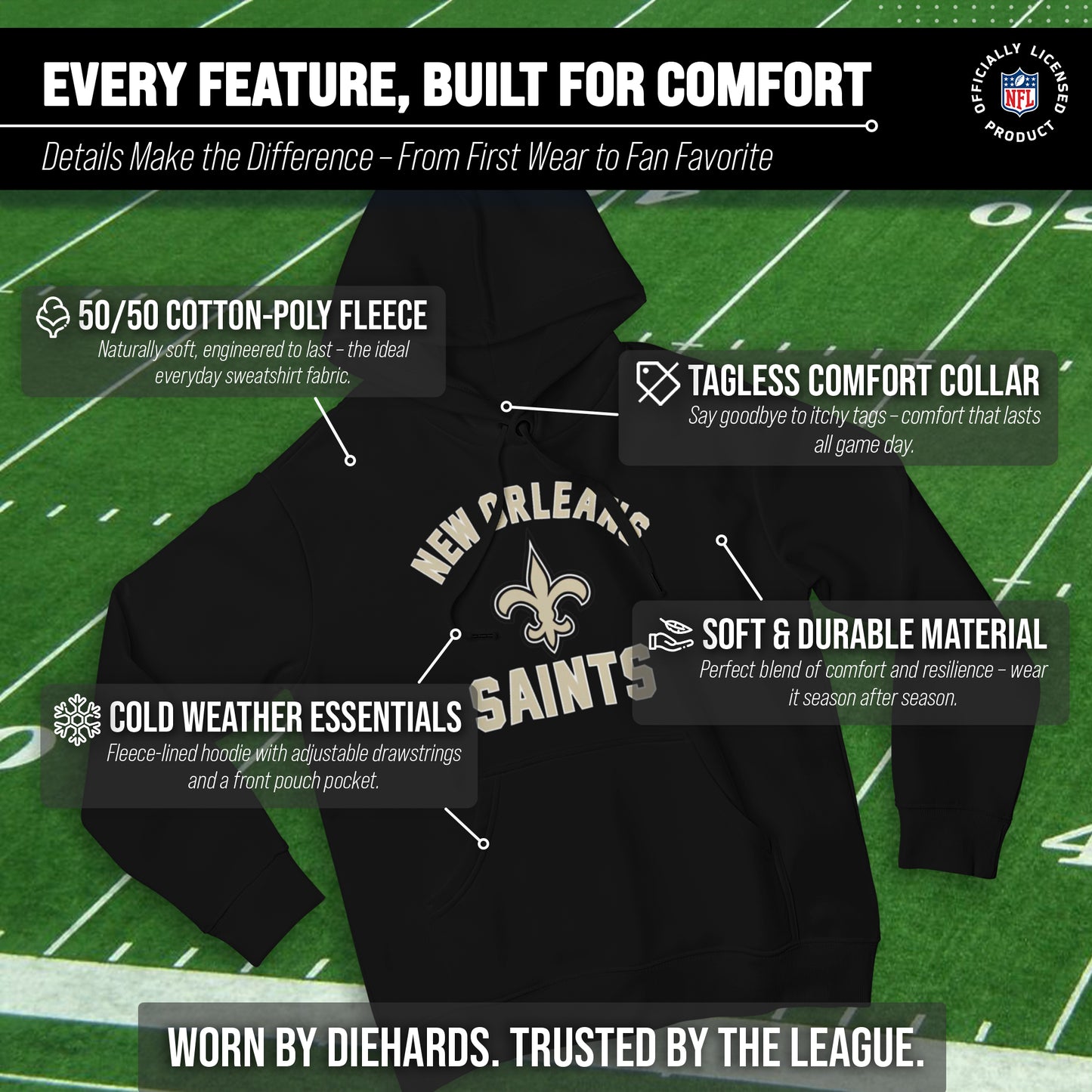 New Orleans Saints NFL Adult Gameday Hooded Sweatshirt - Black