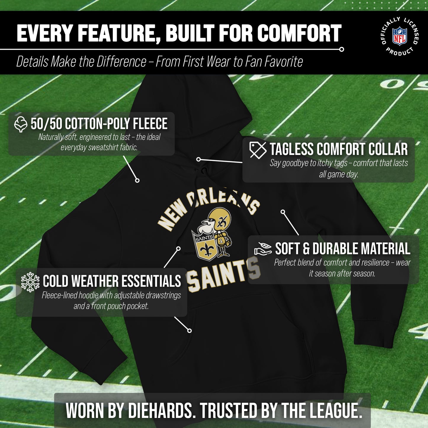 New Orleans Saints NFL Adult Unisex Retro Gameday Ultra Soft Fleece Hooded Sweatshirt - Black
