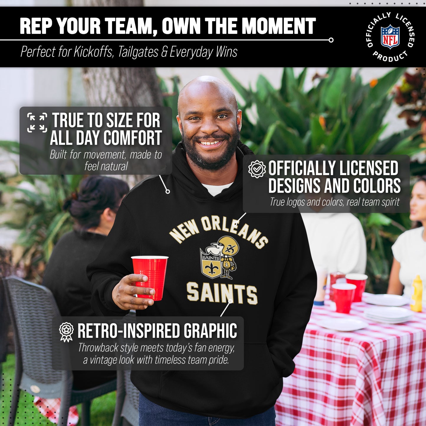 New Orleans Saints NFL Adult Unisex Retro Gameday Ultra Soft Fleece Hooded Sweatshirt - Black
