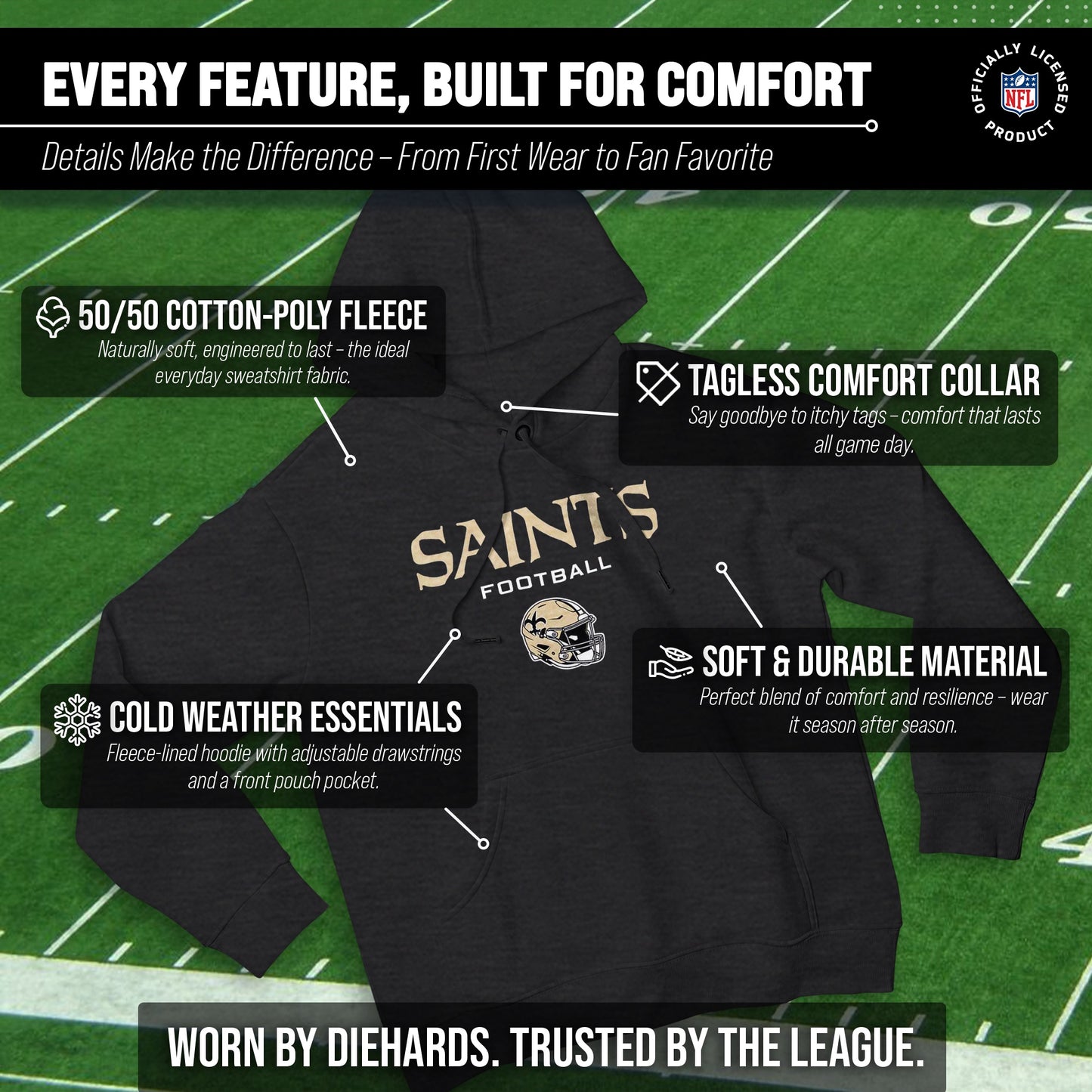 New Orleans Saints Adult NFL Football Helmet Heather Hooded Sweatshirt - Charcoal