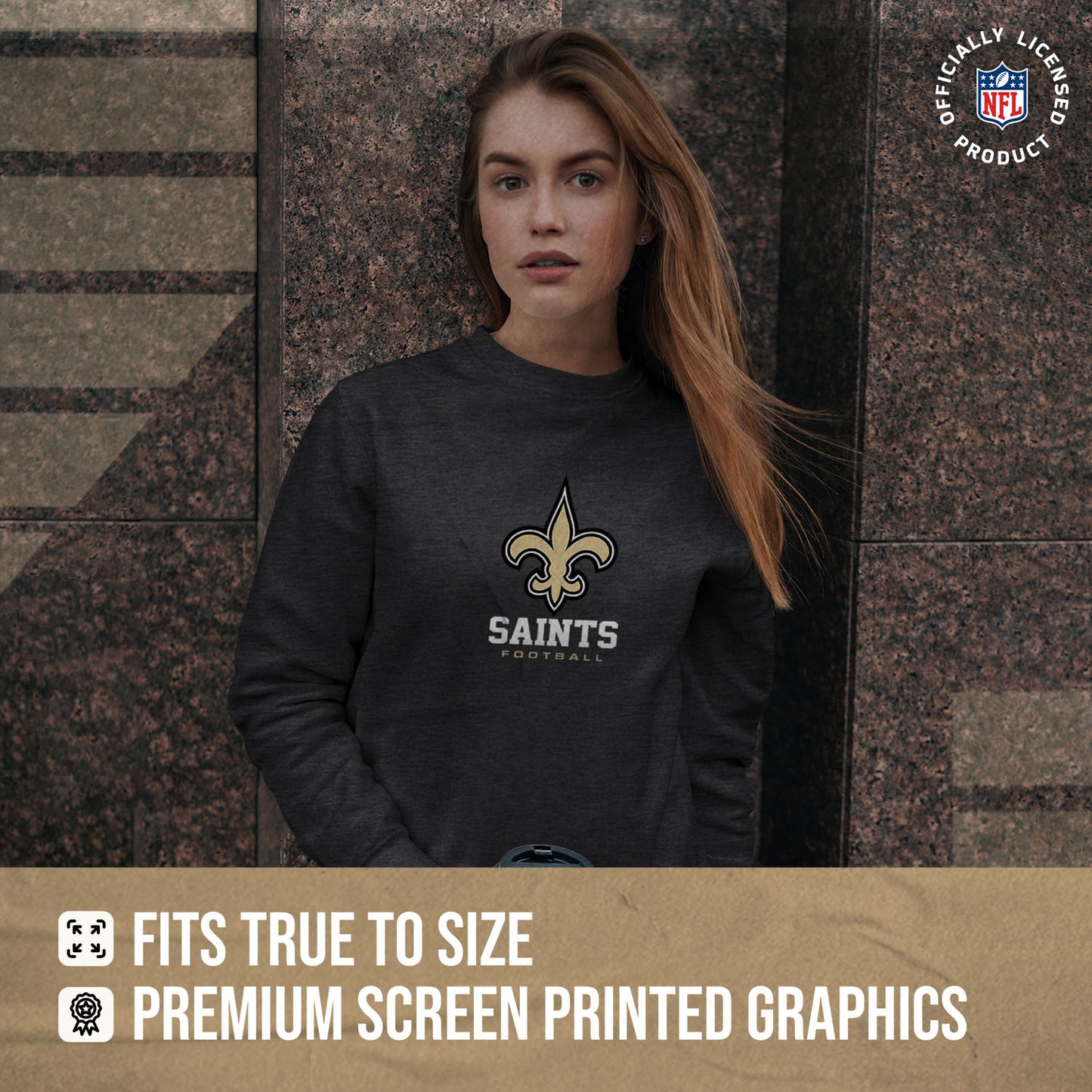 New Orleans Saints Women's NFL Ultimate Fan Logo Slouchy Crewneck -Tagless Fleece Lightweight Pullover - Charcoal