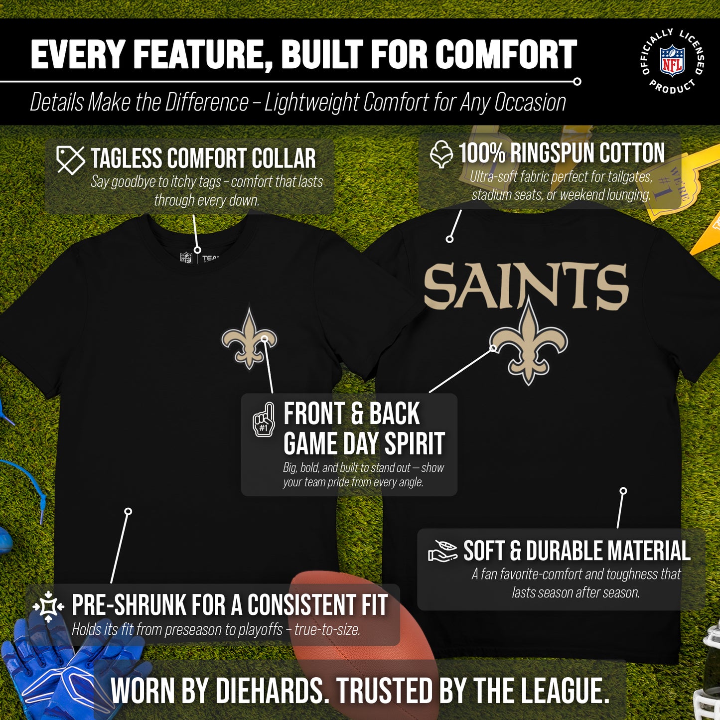 New Orleans Saints NFL Pro Football Final Countdown Adult Cotton-Poly Short Sleeved T-Shirt For Men & Women - Black