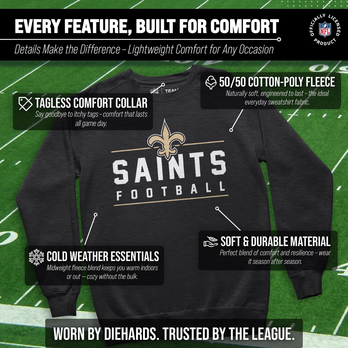 New Orleans Saints NFL Adult True Fan Crewneck Sweatshirt - Charcoal