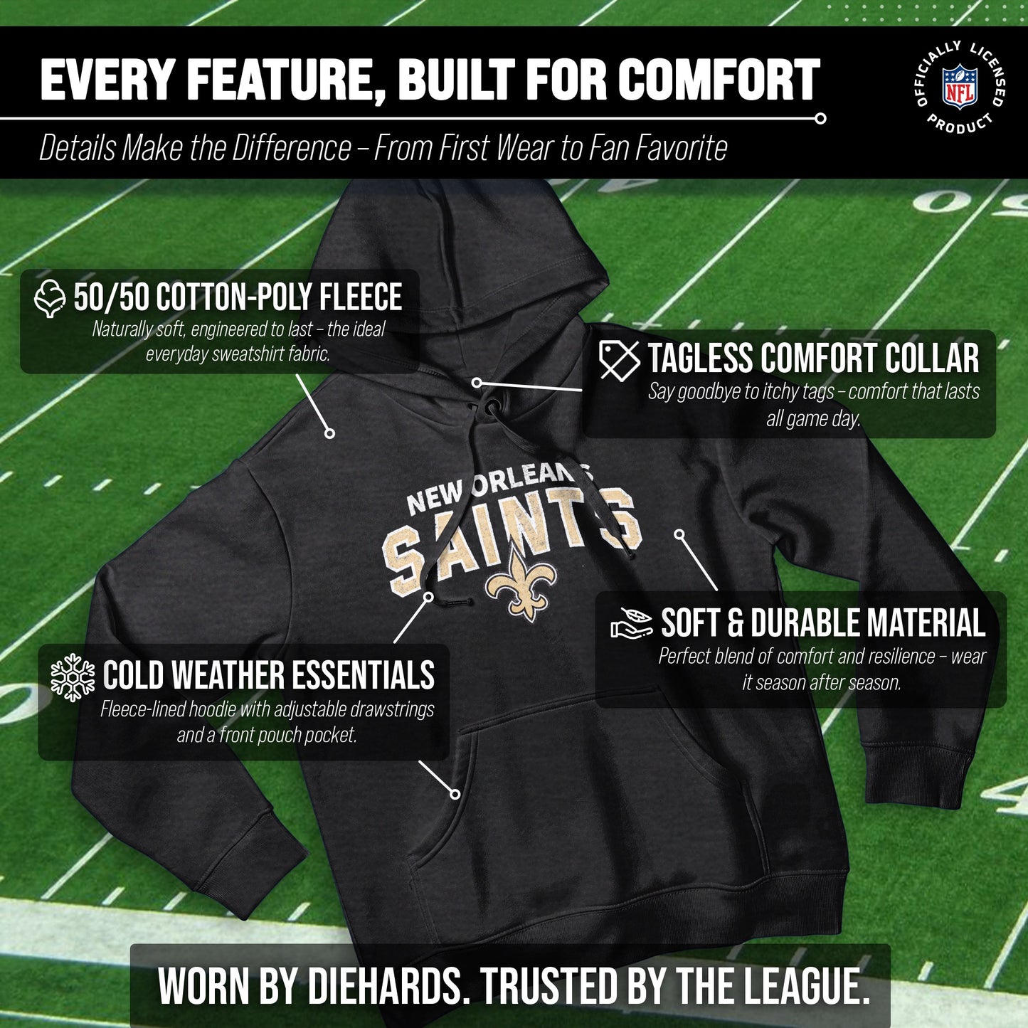 New Orleans Saints NFL Adult Unisex Starting Fresh Ultra Soft Fleece Hooded Sweatshirt - Black Heather