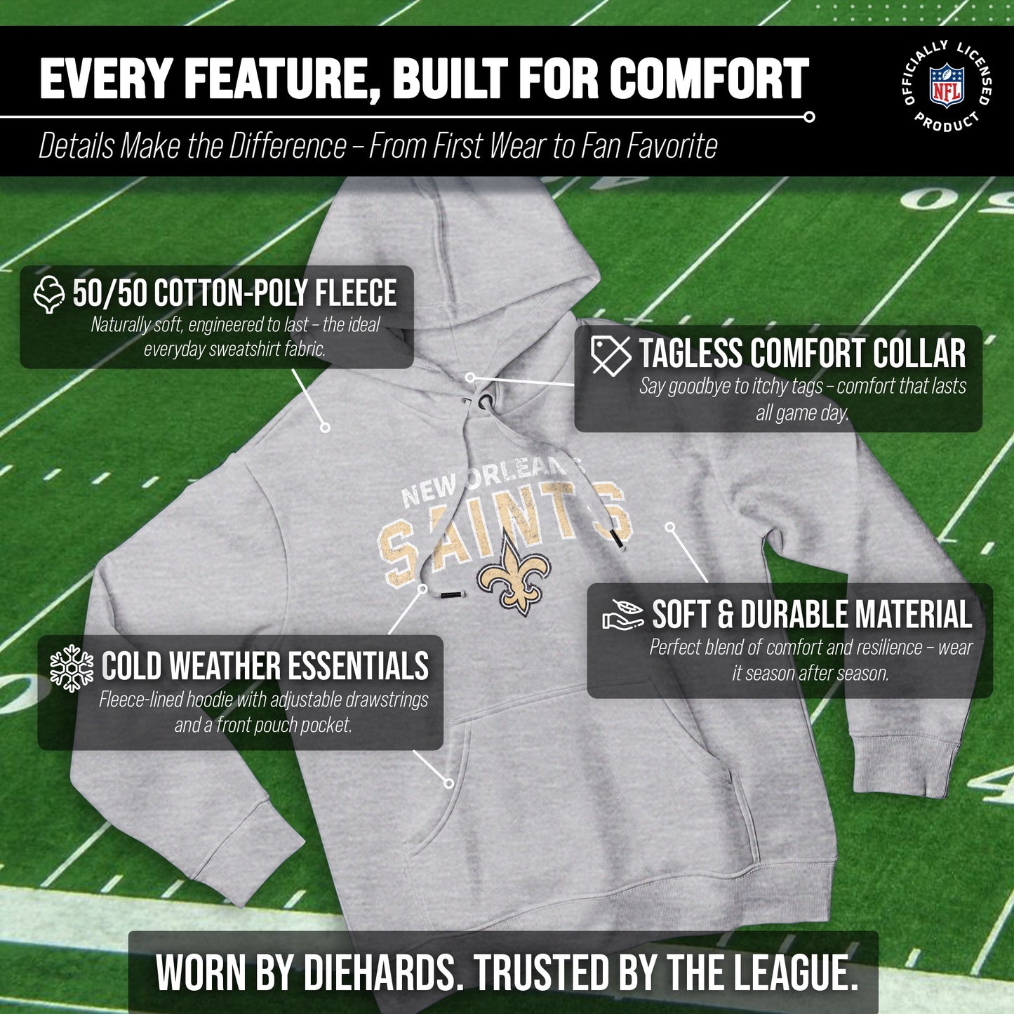 New Orleans Saints NFL Adult Unisex Starting Fresh Ultra Soft Fleece Hooded Sweatshirt - Athletic Heather