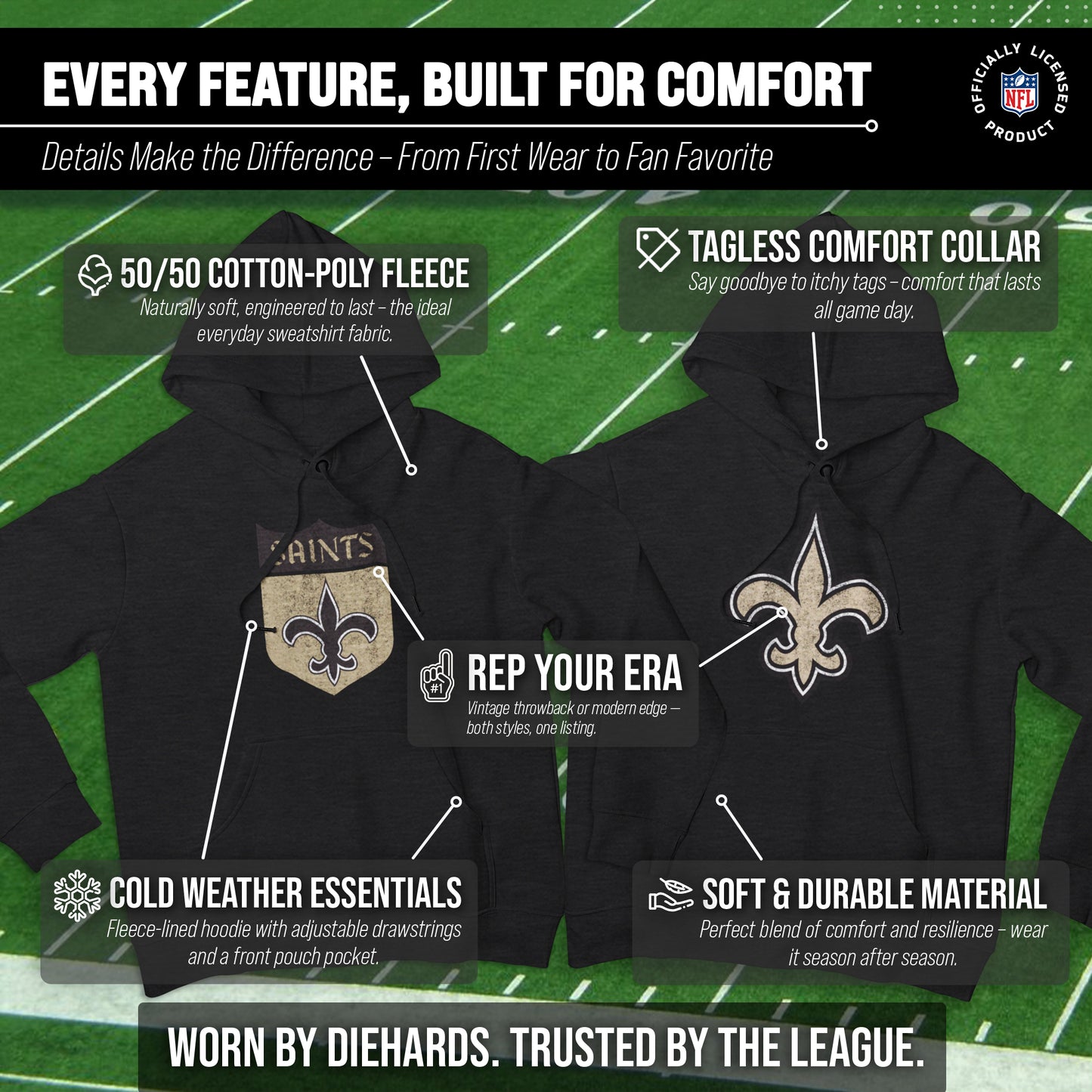 New Orleans Saints NFL Adult Unisex Modern Throwback Ultra Soft Fleece Hooded Sweatshirt - Black Heather