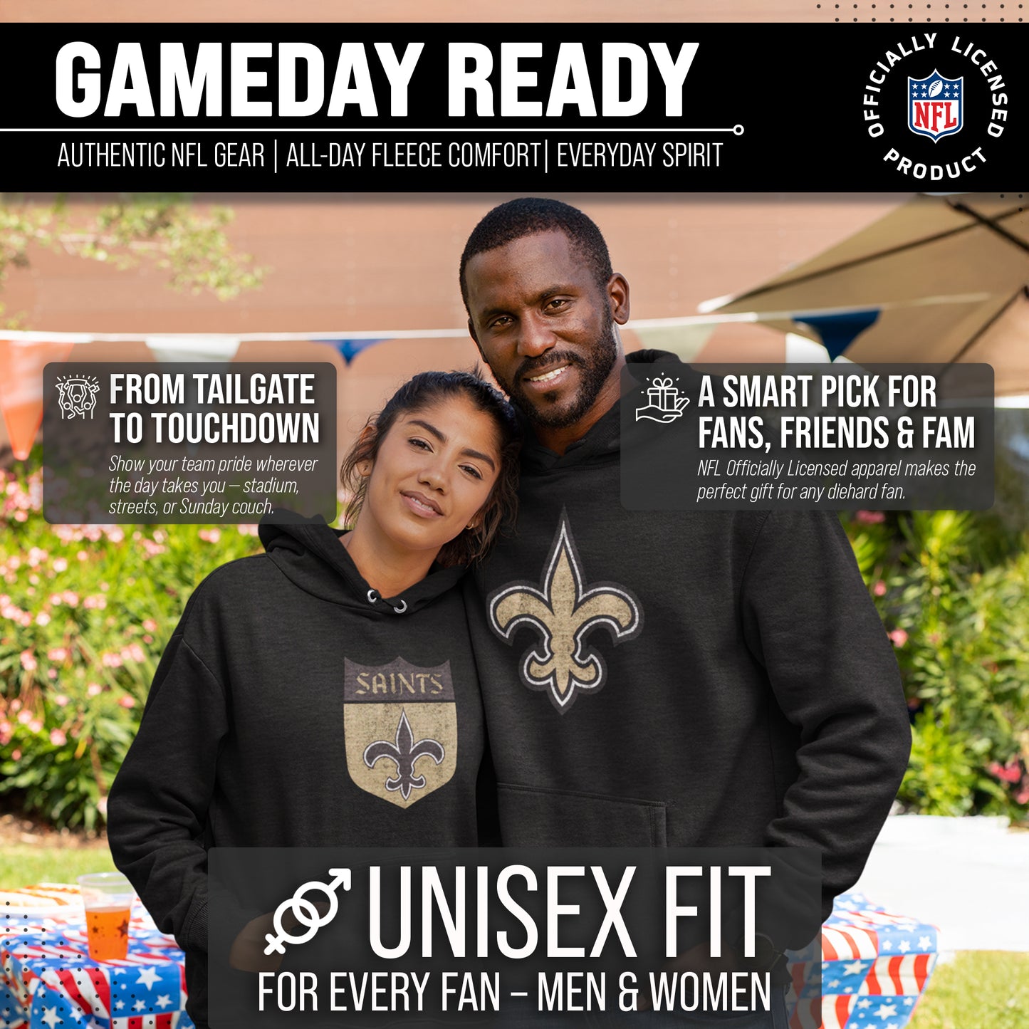New Orleans Saints NFL Adult Unisex Modern Throwback Ultra Soft Fleece Hooded Sweatshirt - Black