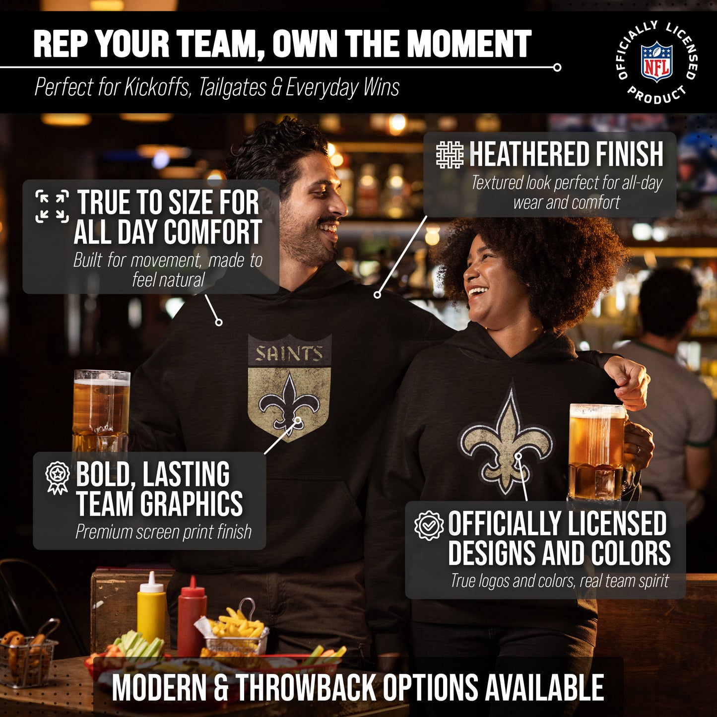 New Orleans Saints NFL Adult Unisex Modern Throwback Ultra Soft Fleece Hooded Sweatshirt - Black
