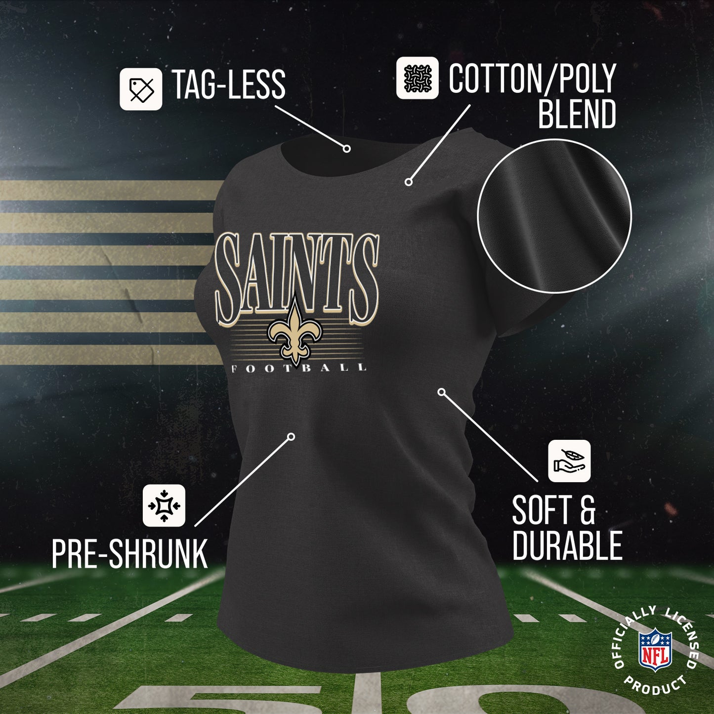 New Orleans Saints NFL Womens Overtime Blueprint Tag-Less T-Shirt - Black