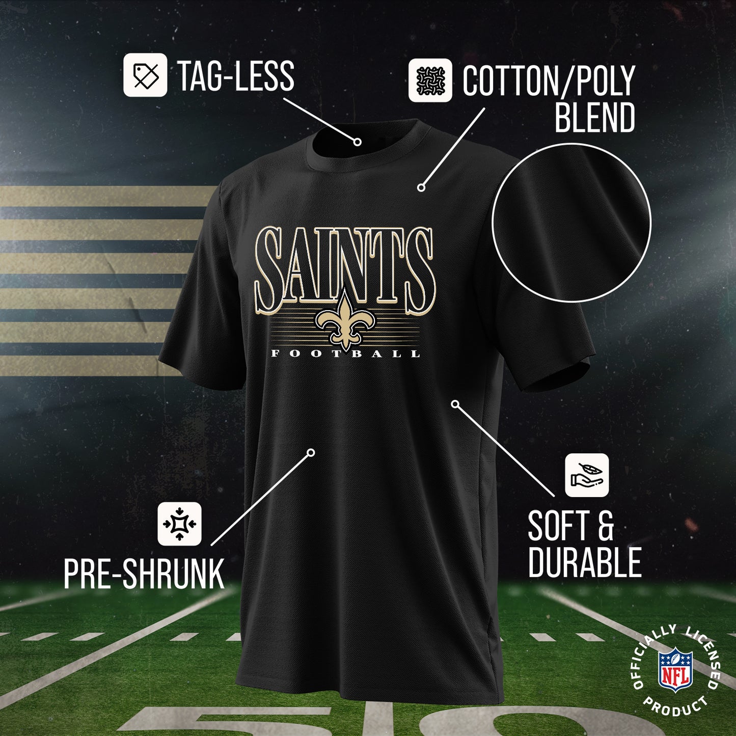 New Orleans Saints NFL Youth Overtime Blueprint Football T-Shirt Unisex Tag Free Comfortable - Black