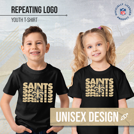 New Orleans Saints NFL Youth Repeating Logo Football T-Shirt Unisex Tag Free Comfortable - Black