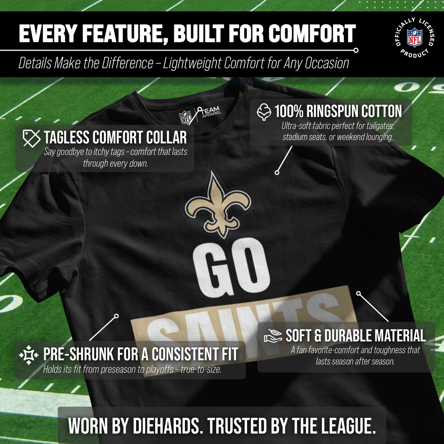 New Orleans Saints NFL Adult Team Slogan Unisex T-Shirt - Black