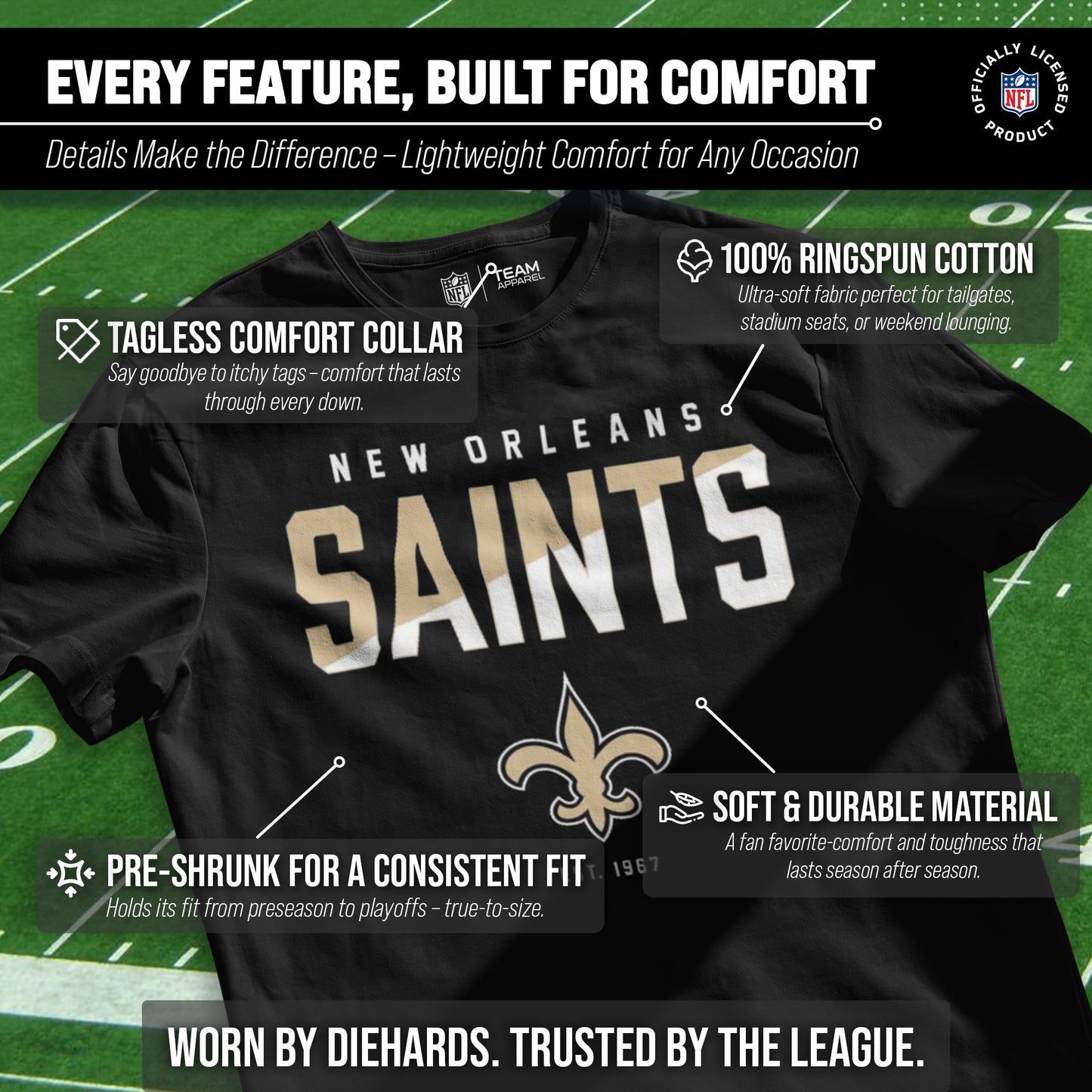 New Orleans Saints Adult NFL Diagonal Fade Color Block T-Shirt - Black