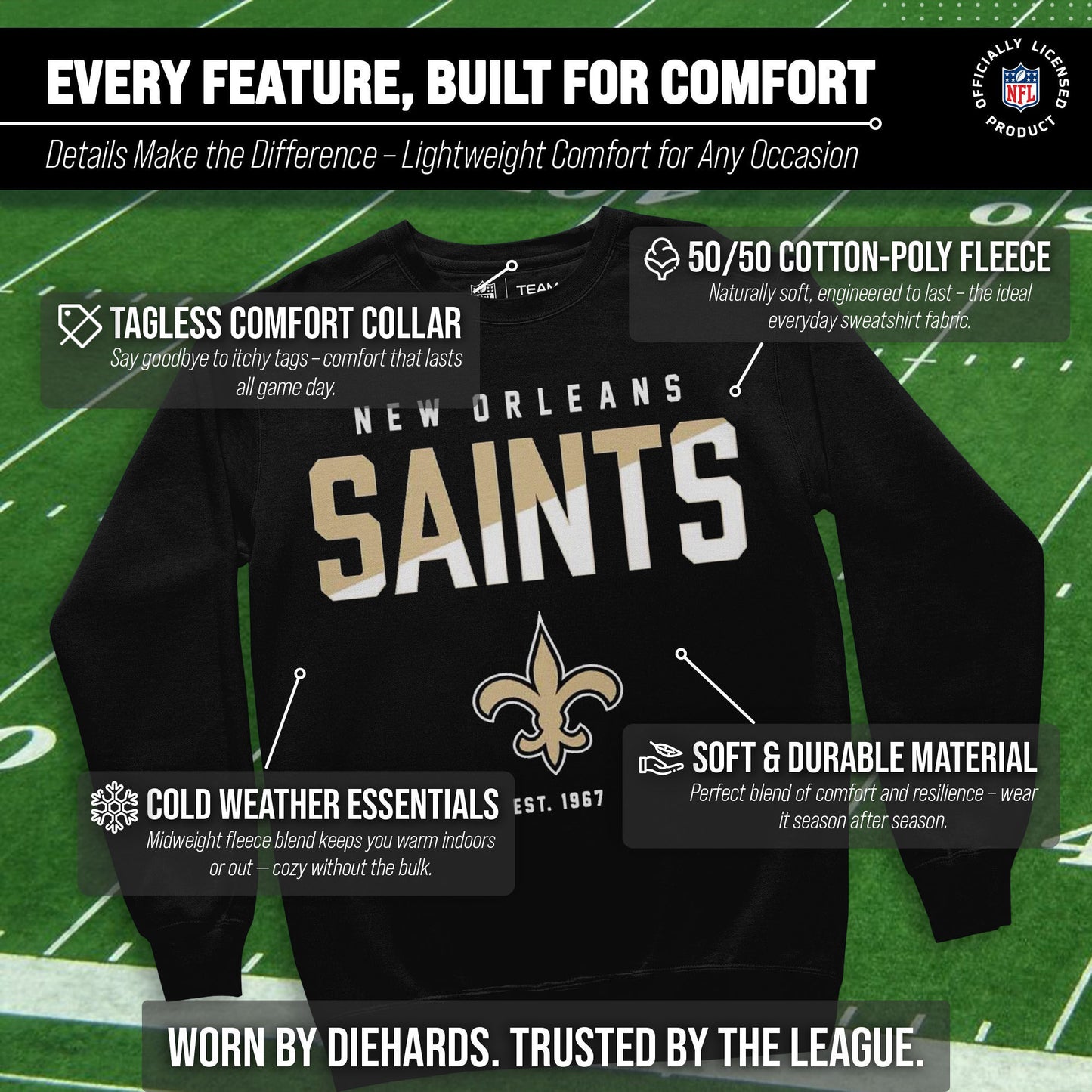 New Orleans Saints Adult NFL Diagonal Fade Color Block Crewneck Sweatshirt - Black
