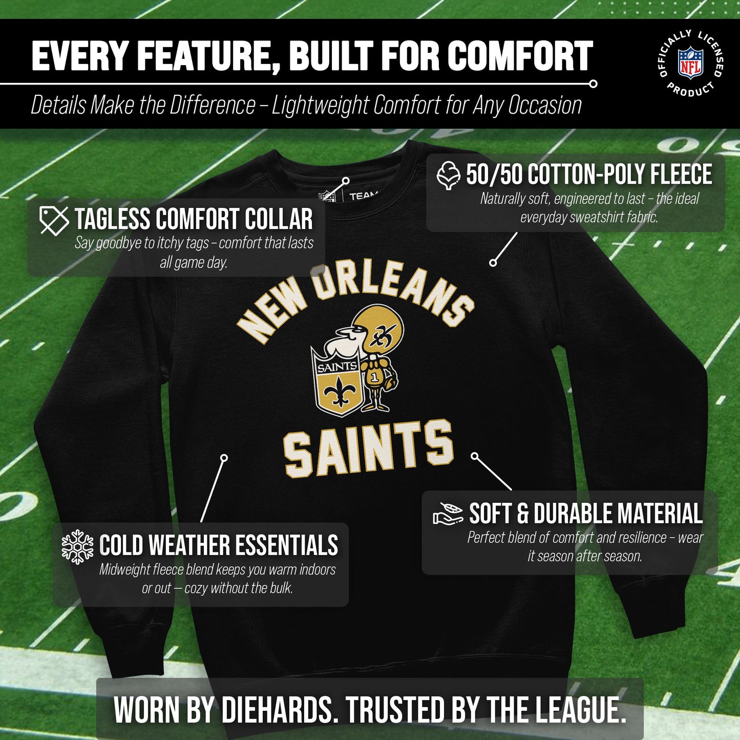 New Orleans Saints NFL Adult Unisex Retro Gameday Ultra Soft Fleece Crewneck Sweatshirt - Black