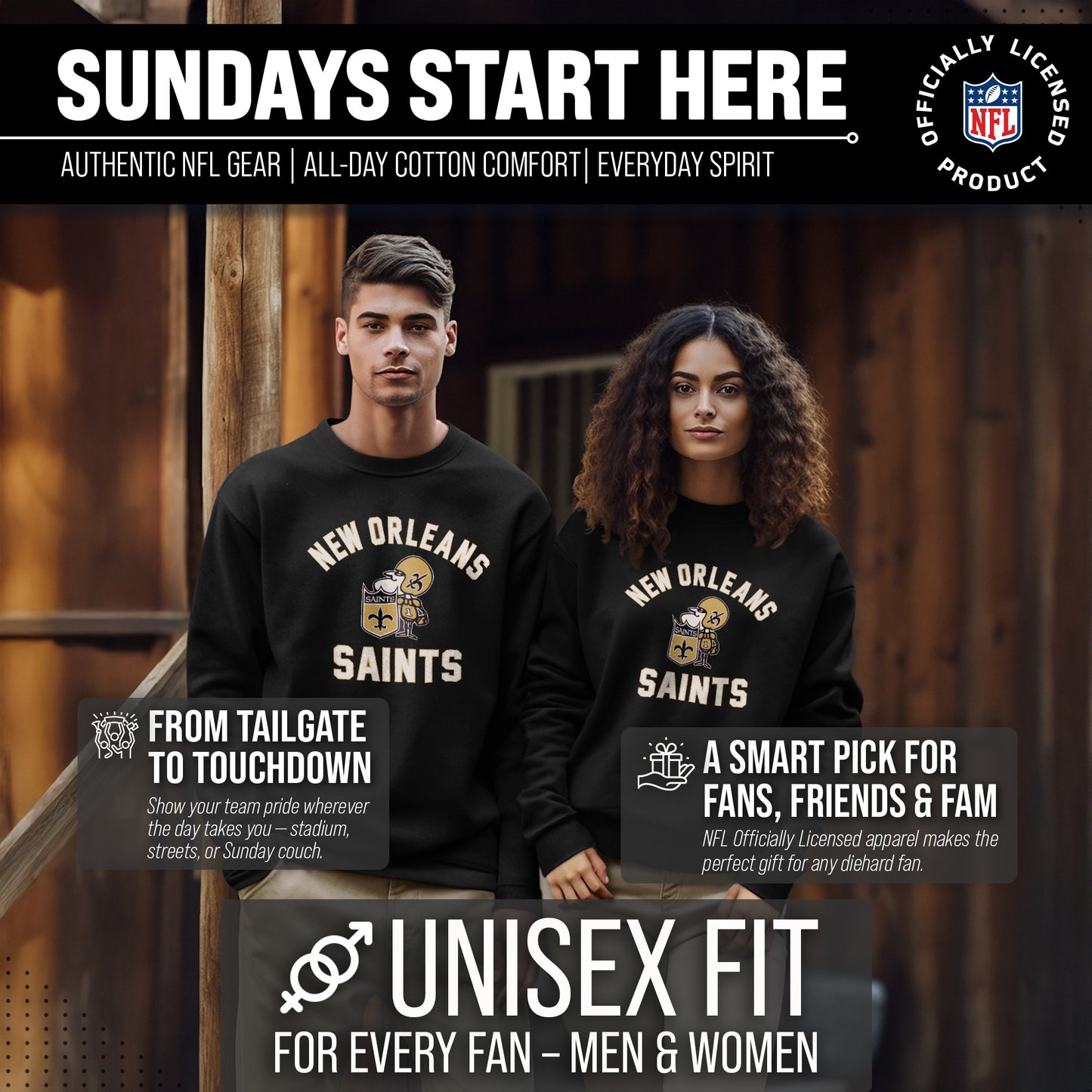 New Orleans Saints NFL Adult Unisex Retro Gameday Ultra Soft Fleece Crewneck Sweatshirt - Black