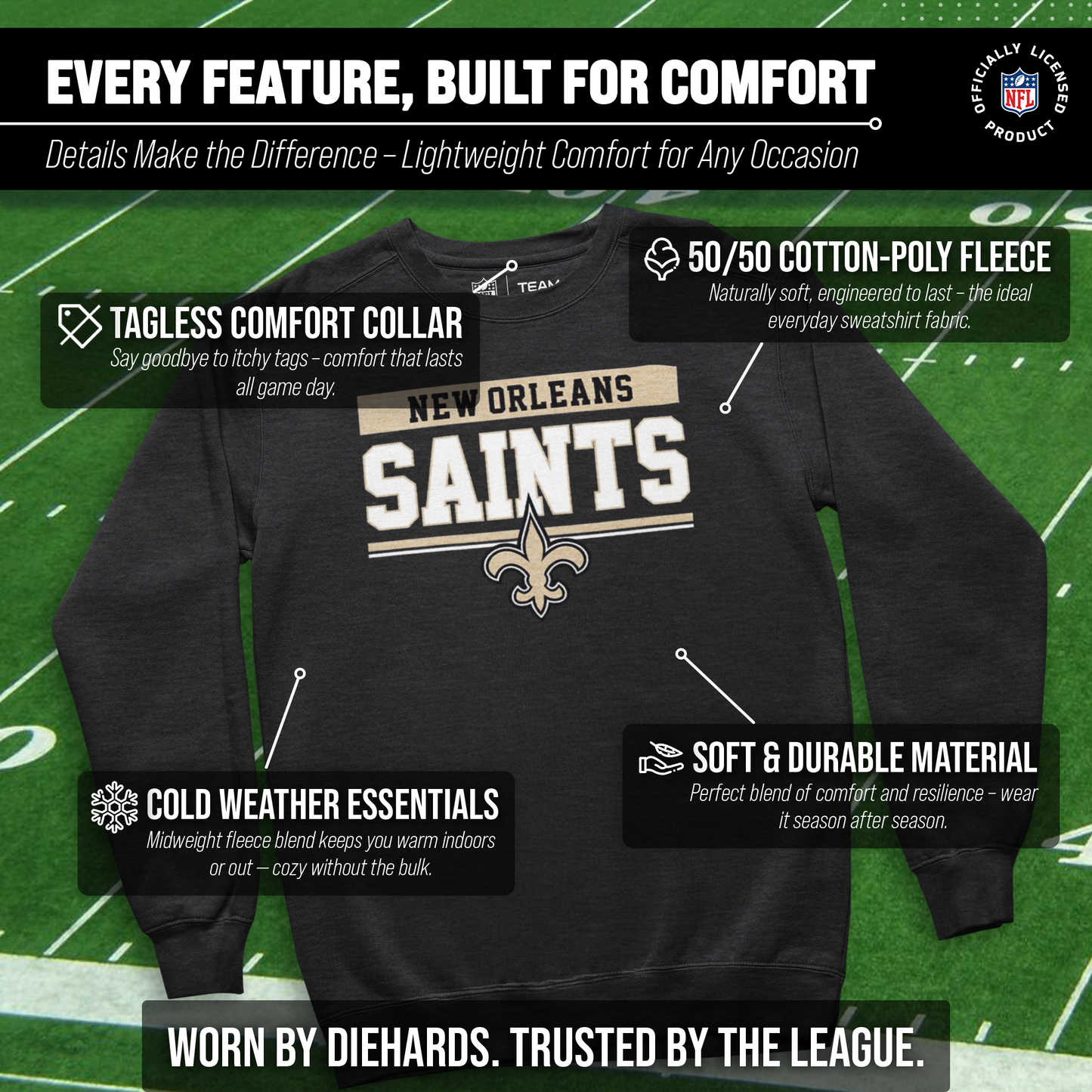 New Orleans Saints NFL Adult Long Sleeve Team Block Charcoal Crewneck Sweatshirt - Charcoal
