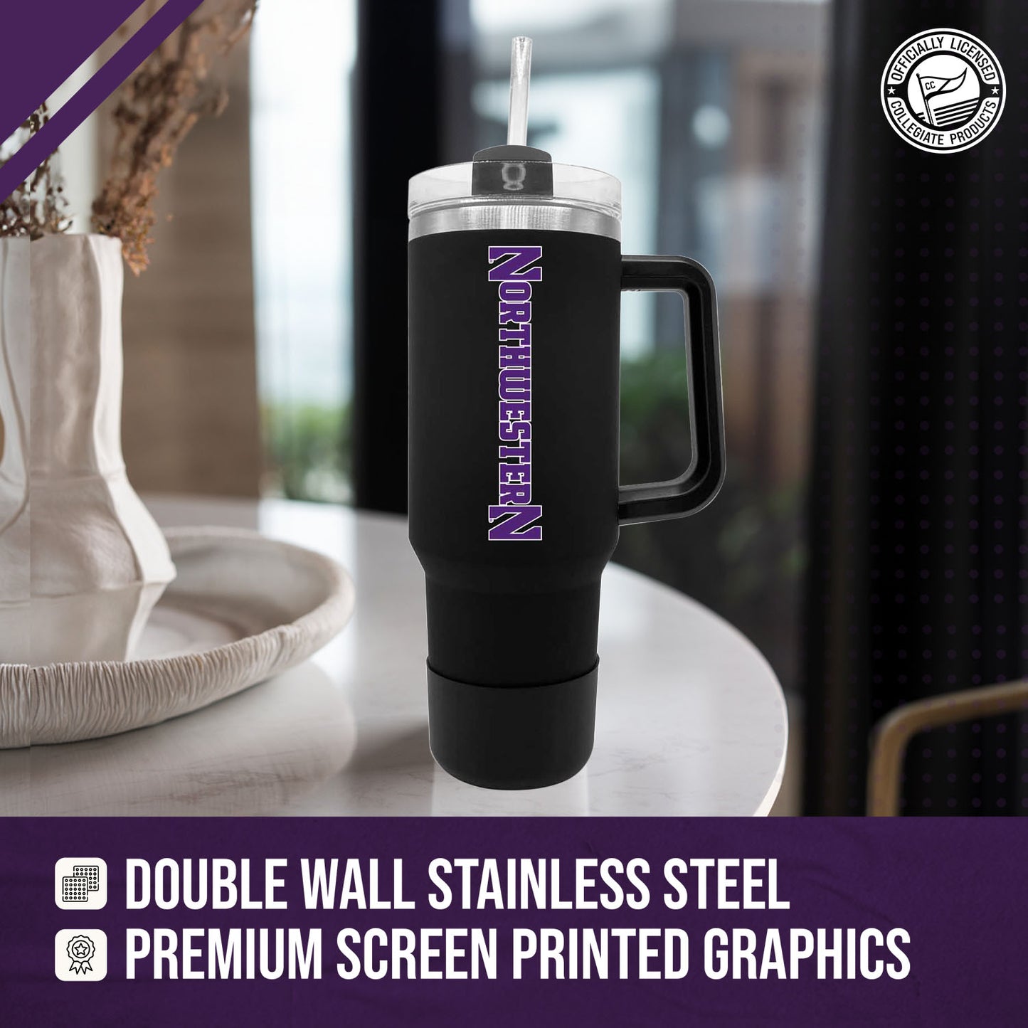 Northwestern Wildcats College & University 40 oz Travel Tumbler With Handle - Black