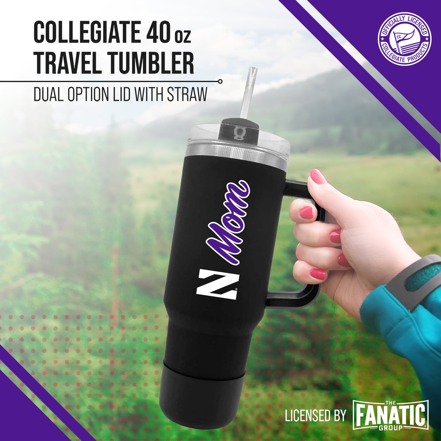 Northwestern Wildcats Collegiate 40oz Stainless Steel Travel Tumbler with Handle for Mom - Black