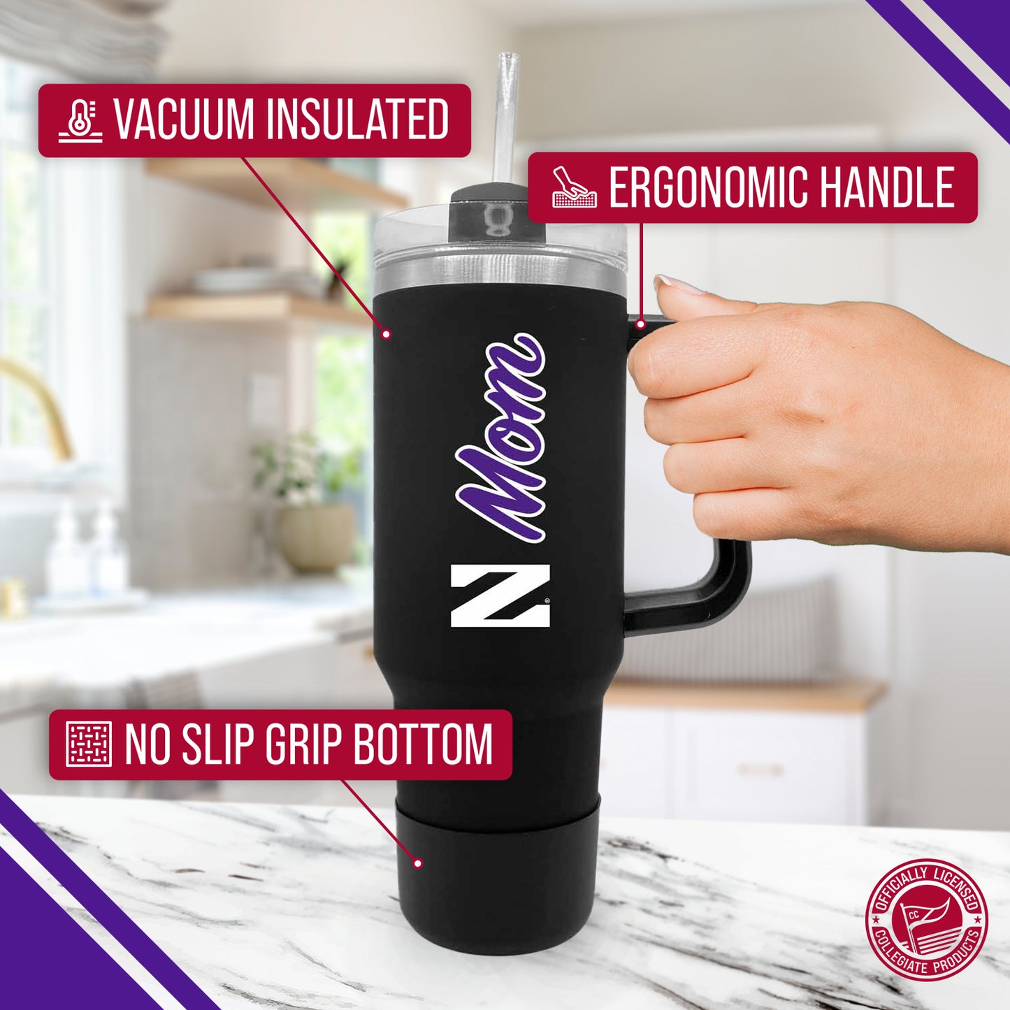 Northwestern Wildcats Collegiate 40oz Stainless Steel Travel Tumbler with Handle for Mom - Black