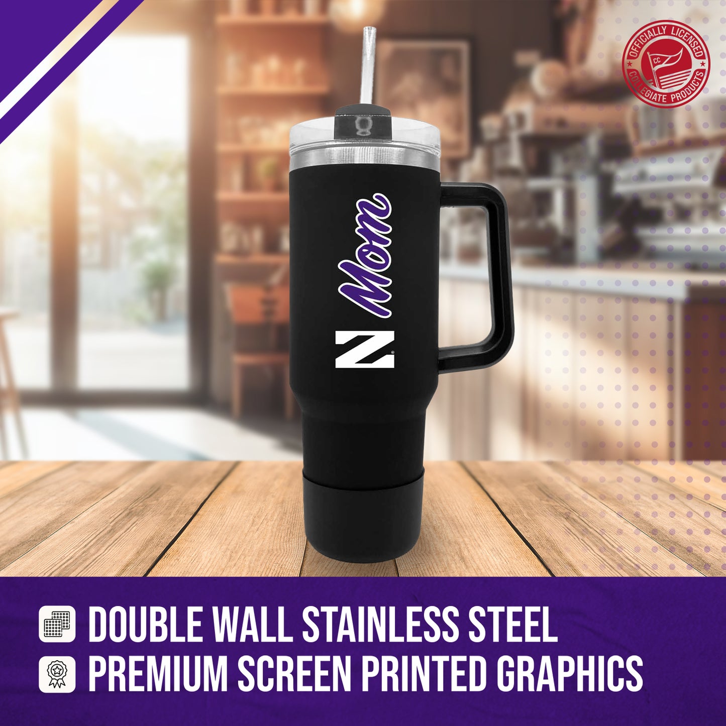 Northwestern Wildcats Collegiate 40oz Stainless Steel Travel Tumbler with Handle for Mom - Black