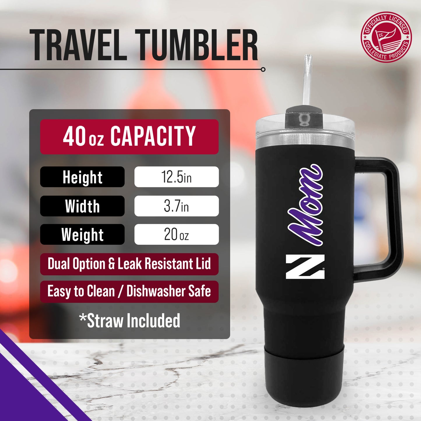 Northwestern Wildcats Collegiate 40oz Stainless Steel Travel Tumbler with Handle for Mom - Black