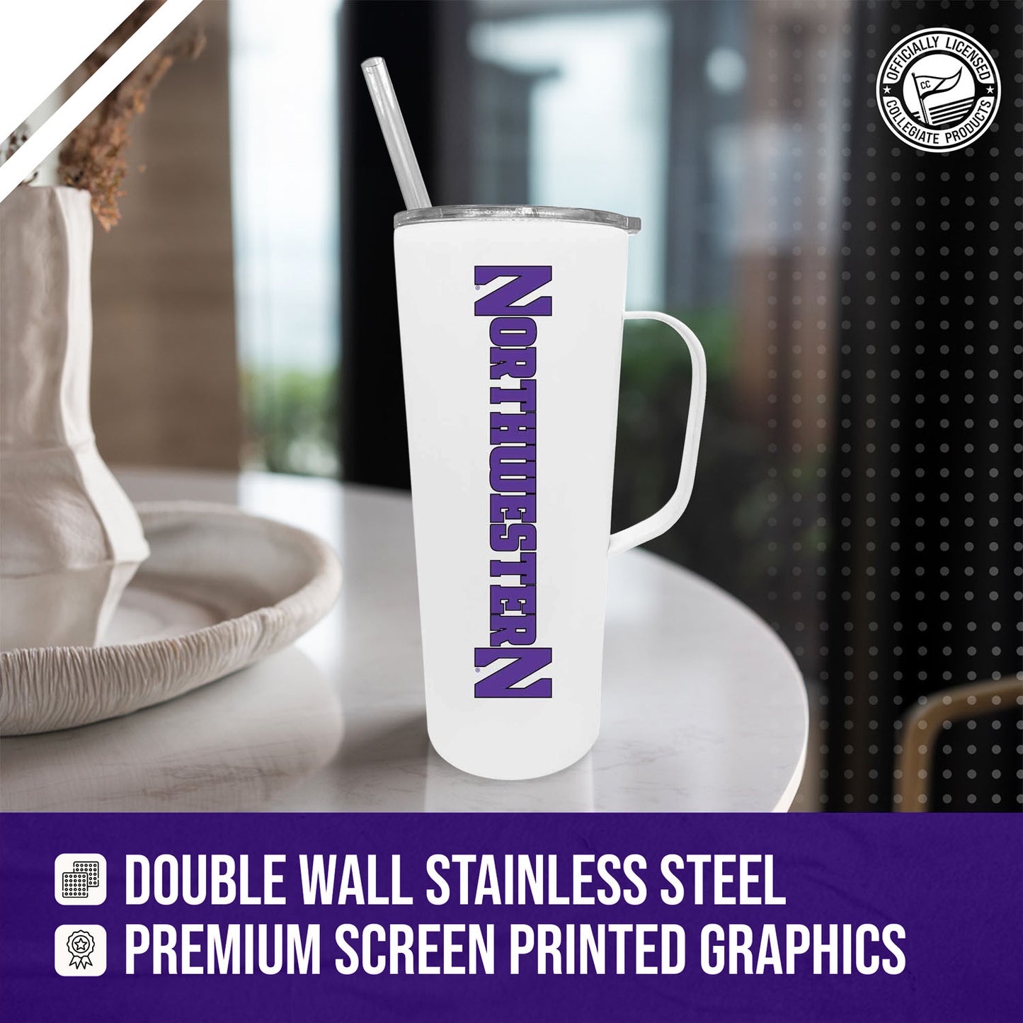 Northwestern Wildcats NCAA Stainless Steel 20oz Roadie With Handle & Dual Option Lid With Straw - White