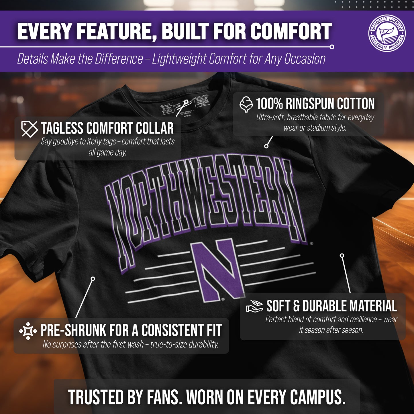Northwestern Wildcats NCAA Adult Unisex Overtime Classics T-Shirt - Black