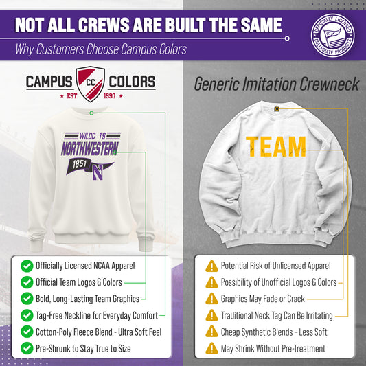 Northwestern Wildcats NCAA Adult Unisex Varsity Club Pennant Crewneck Fleece Sweatshirt - Off White