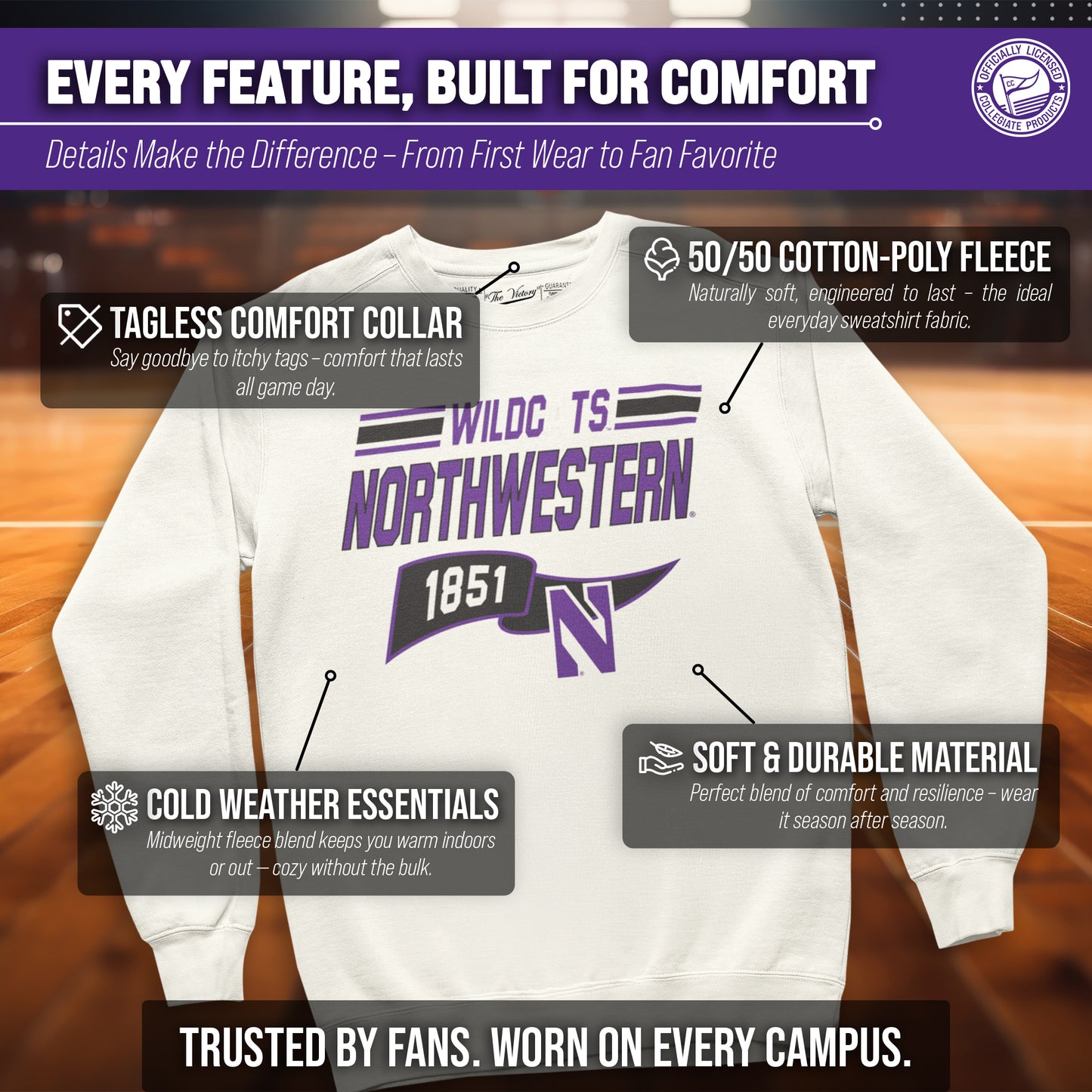 Northwestern Wildcats NCAA Adult Unisex Varsity Club Pennant Crewneck Fleece Sweatshirt - Off White