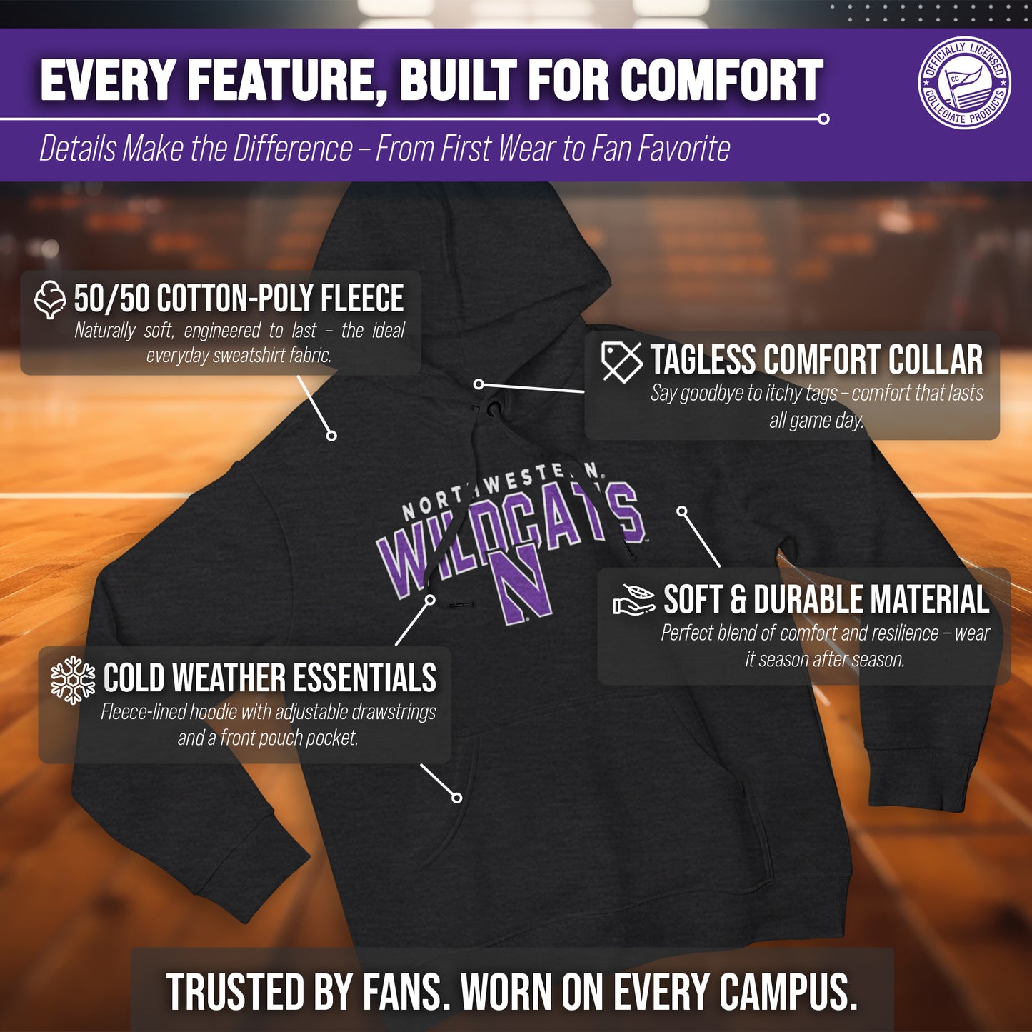 Northwestern Wildcats NCAA Adult Unisex Starting Fresh Heathered Hooded Fleece Sweatshirt - Black Heather