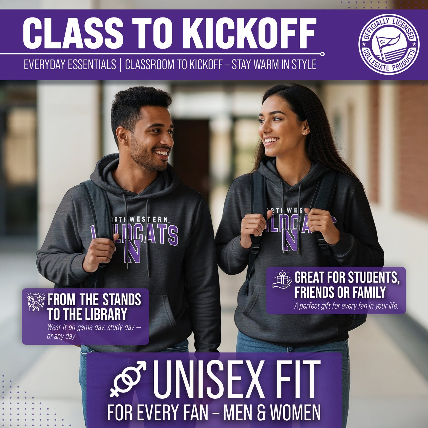 Northwestern Wildcats NCAA Adult Unisex Starting Fresh Heathered Hooded Fleece Sweatshirt - Black Heather