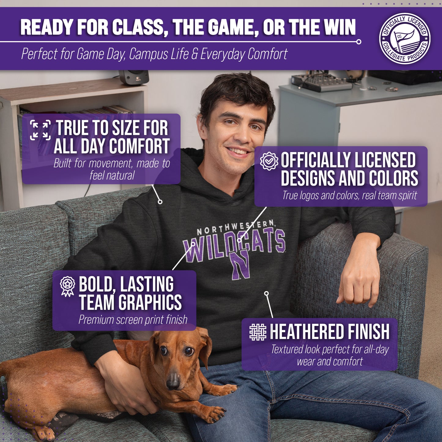 Northwestern Wildcats NCAA Adult Unisex Starting Fresh Heathered Hooded Fleece Sweatshirt - Black Heather