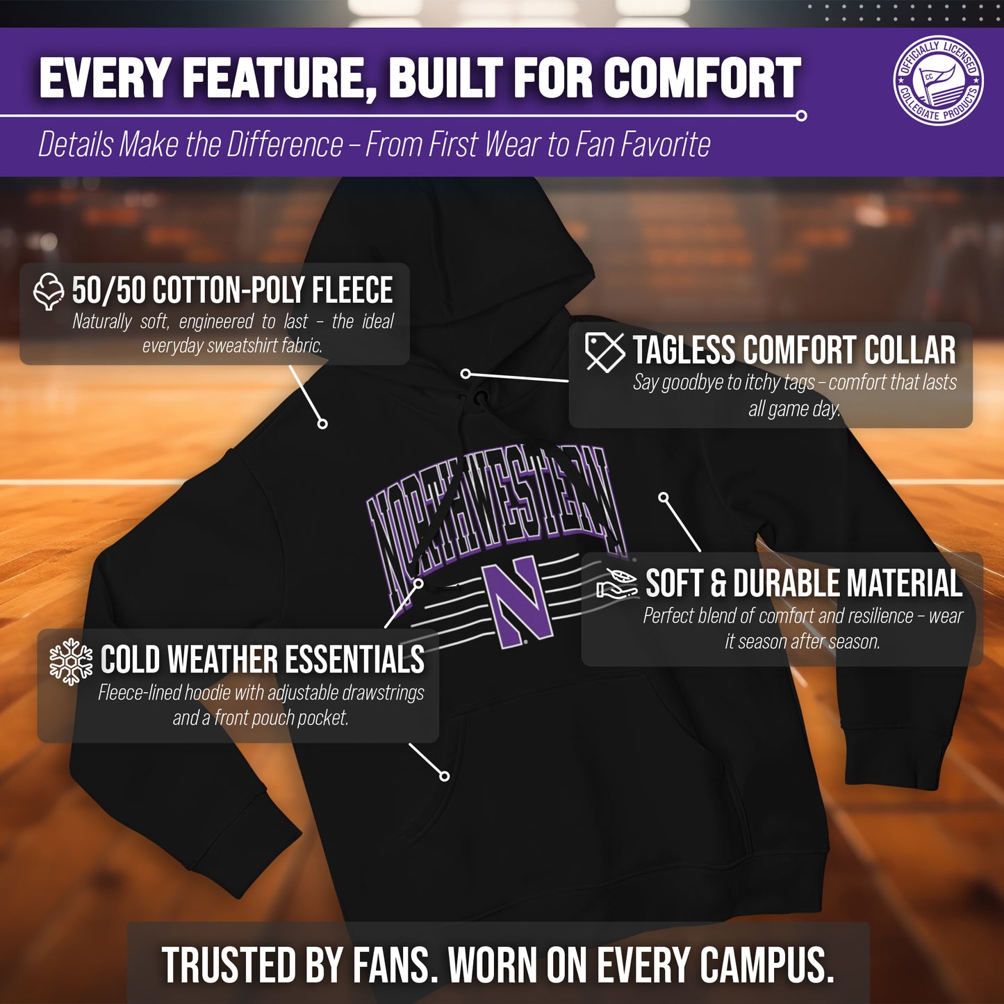 Northwestern Wildcats NCAA Adult Unisex Overtime Classics Hooded Fleece Sweatshirt - Black