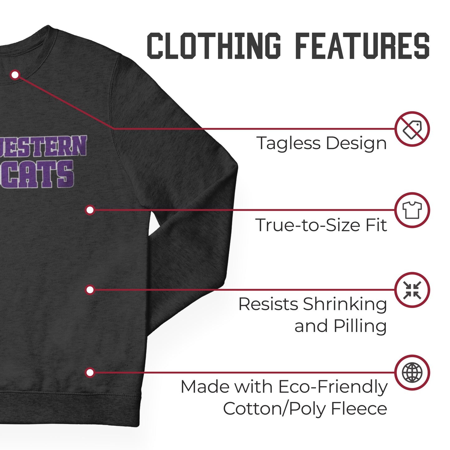 Northwestern Wildcats NCAA Adult Charcoal Crewneck Fleece Sweatshirt - Charcoal