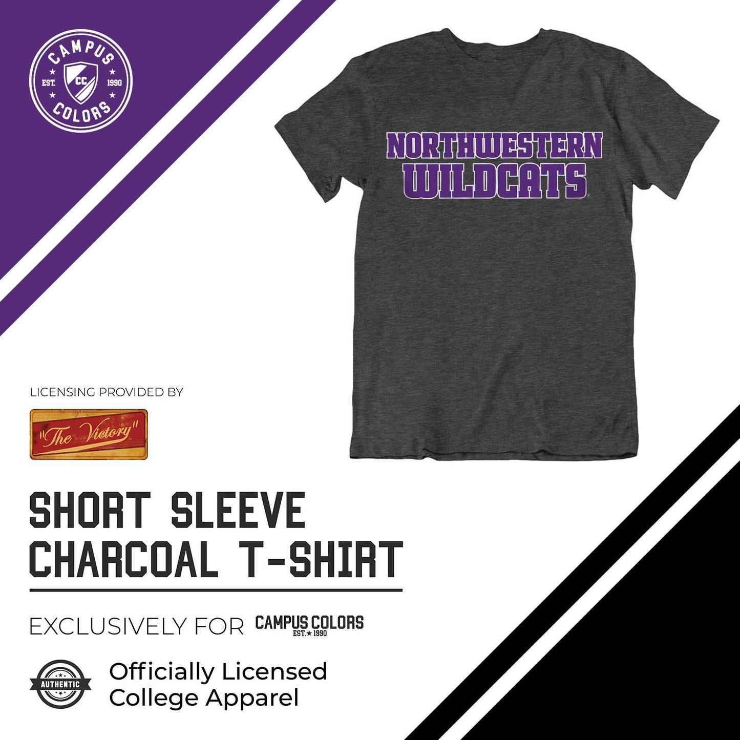 Northwestern Wildcats Campus Colors NCAA Adult Cotton Blend Charcoal Tagless T-Shirt - Charcoal