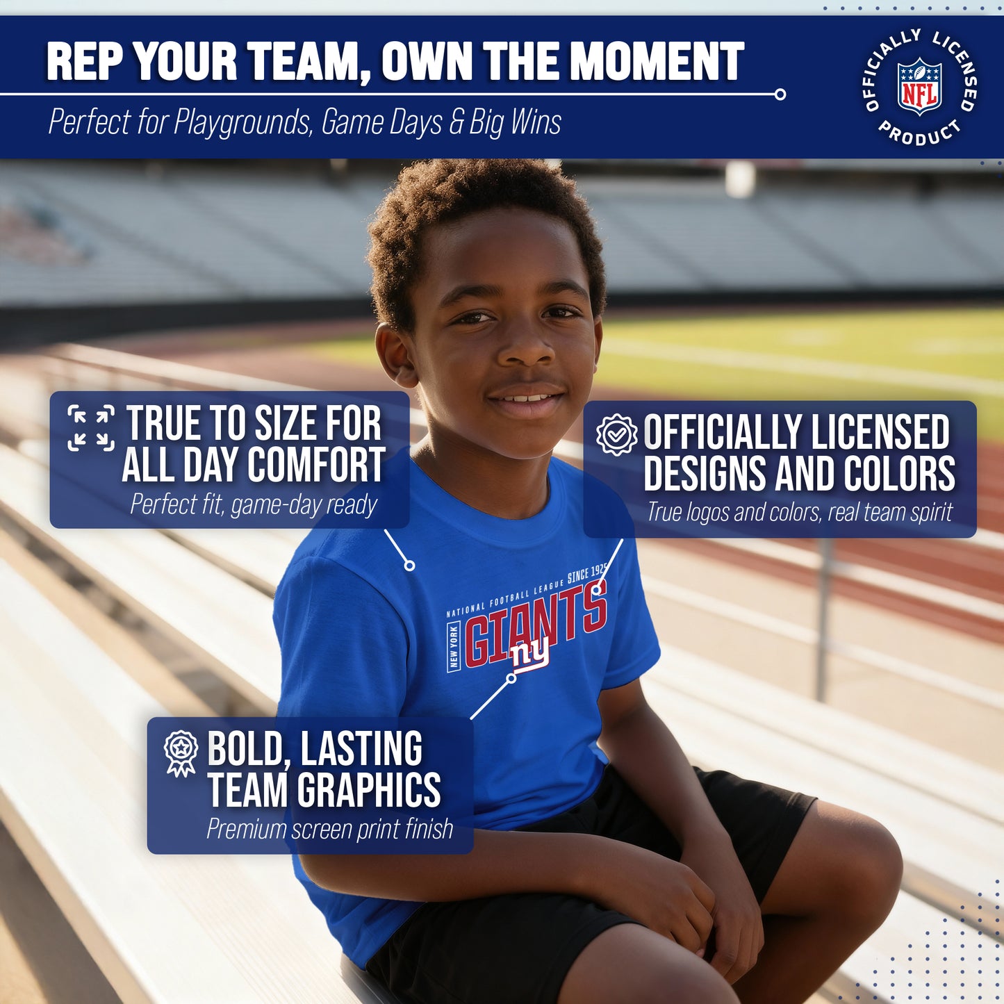 New York Giants NFL Youth Modern Endzone Football T-Shirt Unisex Tag Free Comfortable - Royal