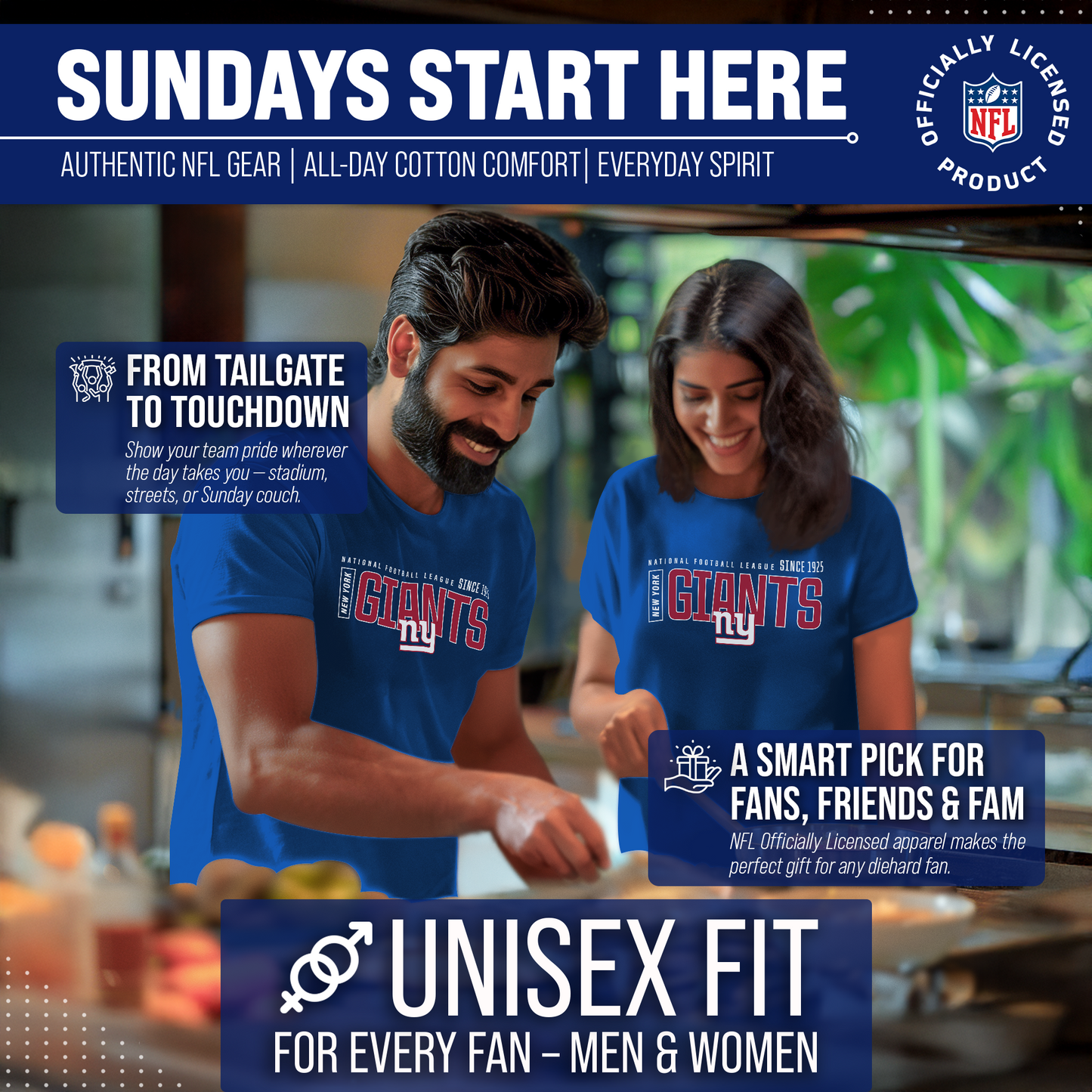 New York Giants NFL Adult Modern Endzone Tag-Less T-Shirt - Royal