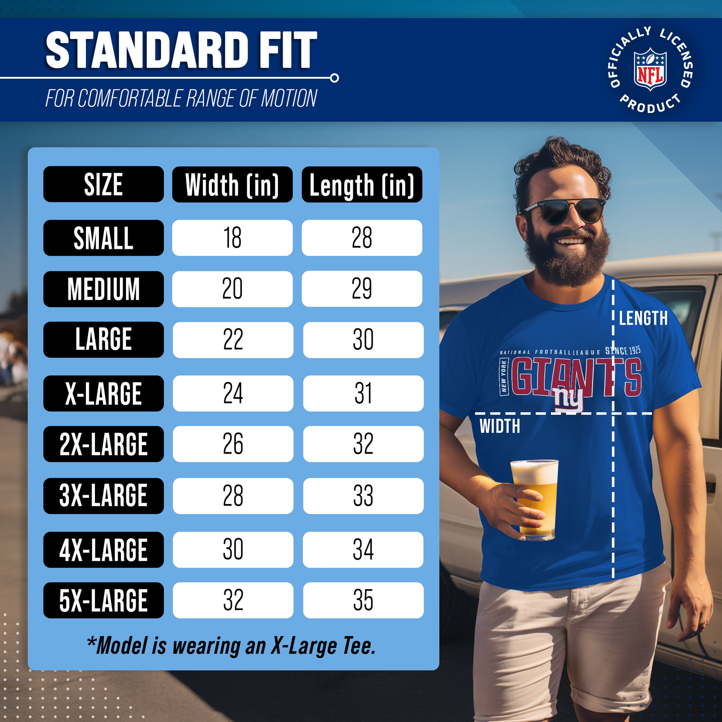 New York Giants NFL Adult Modern Endzone Tag-Less T-Shirt - Royal