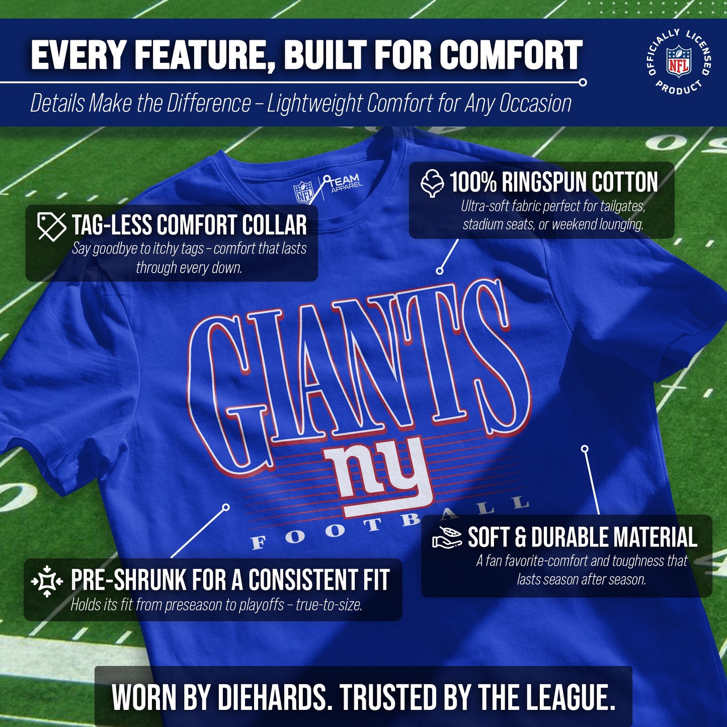 New York Giants NFL Adult Overtime Blueprint Tag-Less T-Shirt - Royal