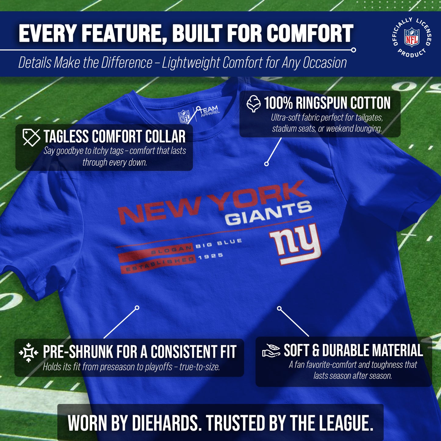 New York Giants Adult NFL Speed Stat Sheet T-Shirt - Royal