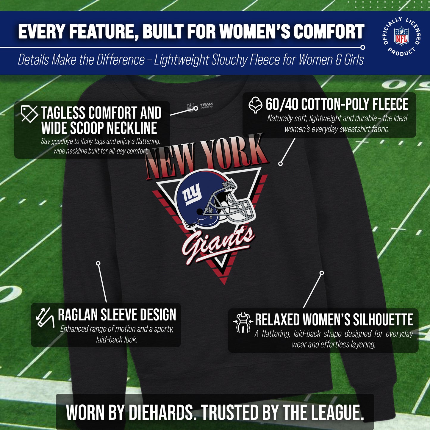 New York Giants NFL Womens Retro Triangle Slouchy Crewneck - Heather Charcoal