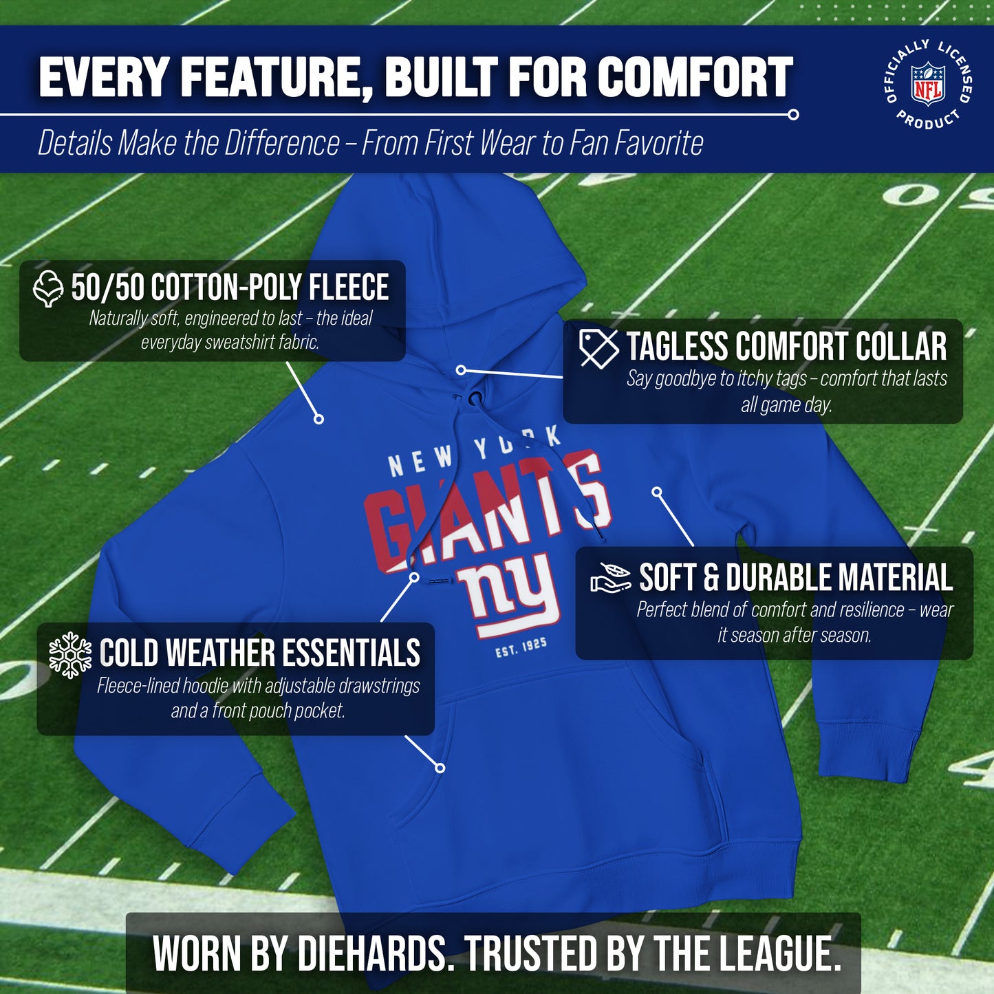 New York Giants Adult NFL Diagonal Fade Fleece Hooded Sweatshirt - Royal