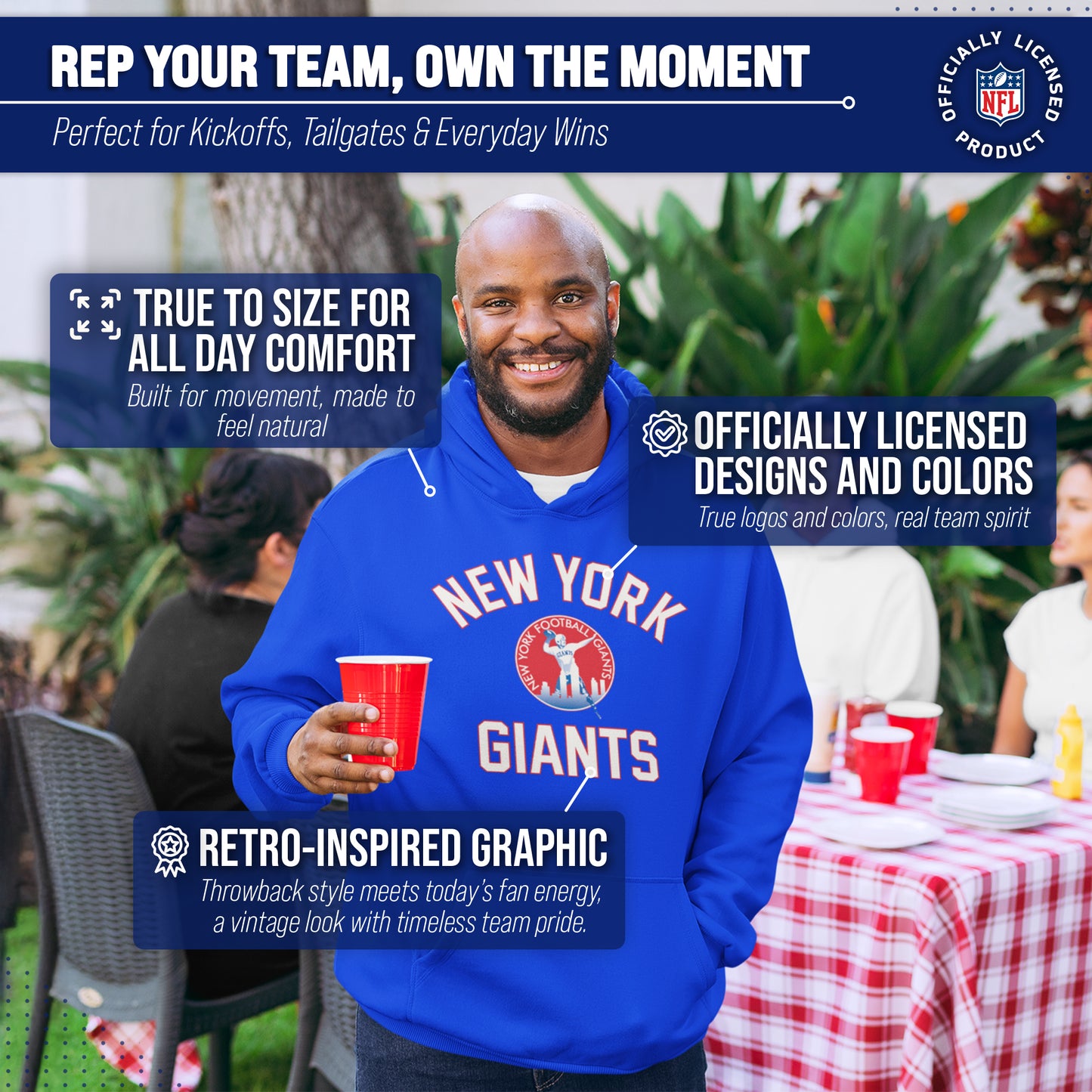 New York Giants NFL Adult Unisex Retro Gameday Ultra Soft Fleece Hooded Sweatshirt - Royal