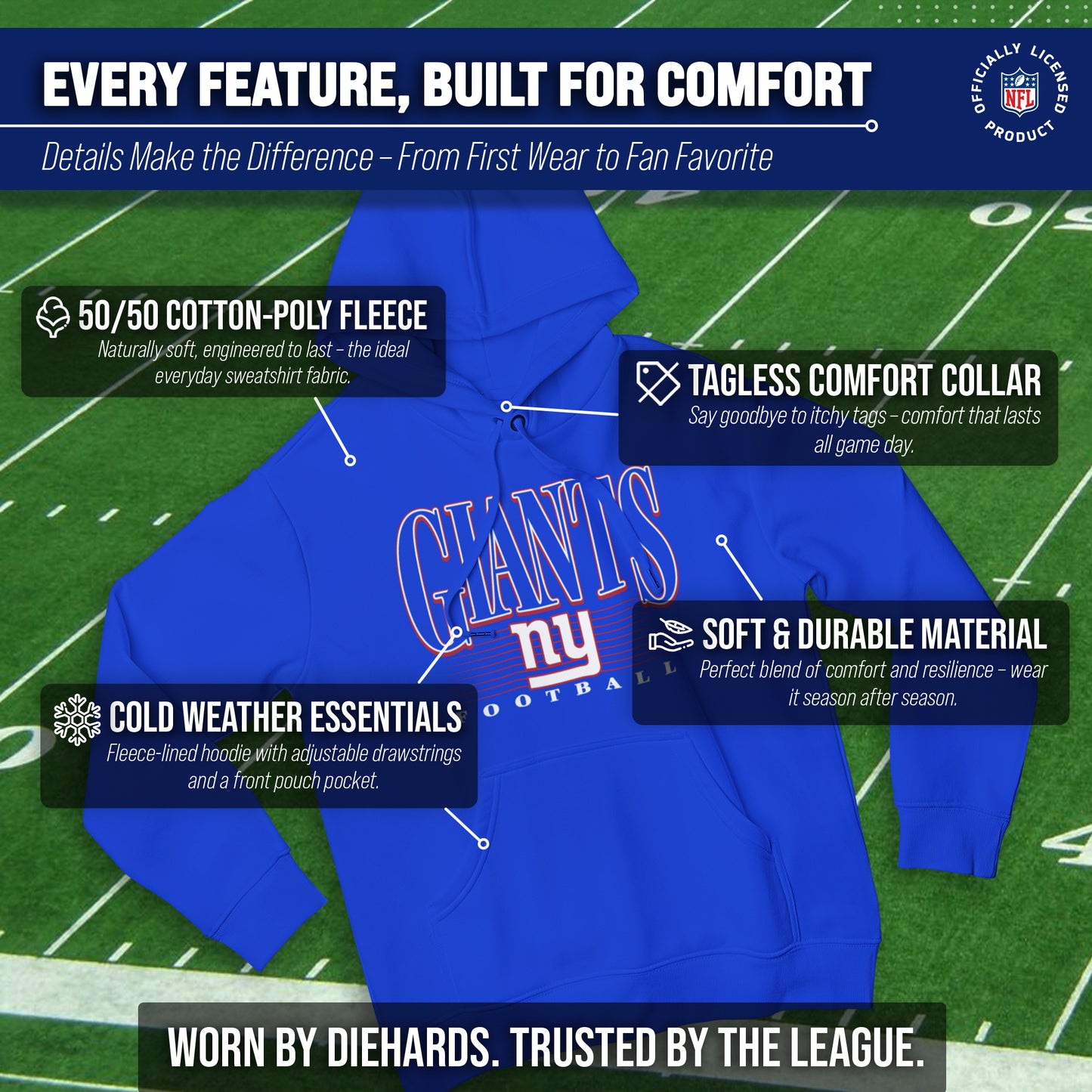 New York Giants NFL Adult Unisex Overtime Blueprint Soft Fleece Hooded Sweatshirt - Royal